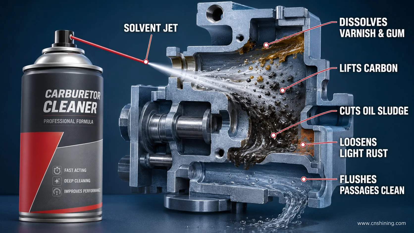 Aerosol carb cleaner solvent jet cleaning mechanism inside carburetor passages Technical diagram of aerosol carb cleaner solvent jet dissolving varnish, gum and carbon deposits inside a carburetor passage