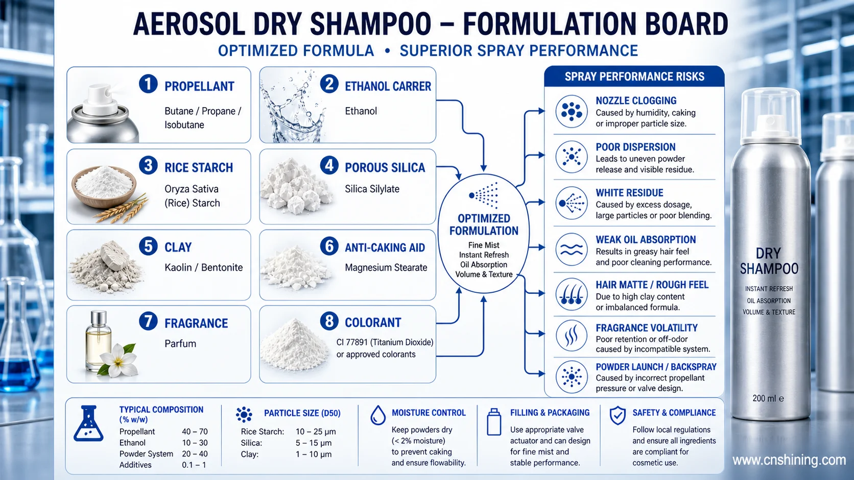 Aerosol dry shampoo formulation modules and compatibility risks Aerosol dry shampoo formulation modules including propellant, ethanol, starch, silica, clay and fragrance