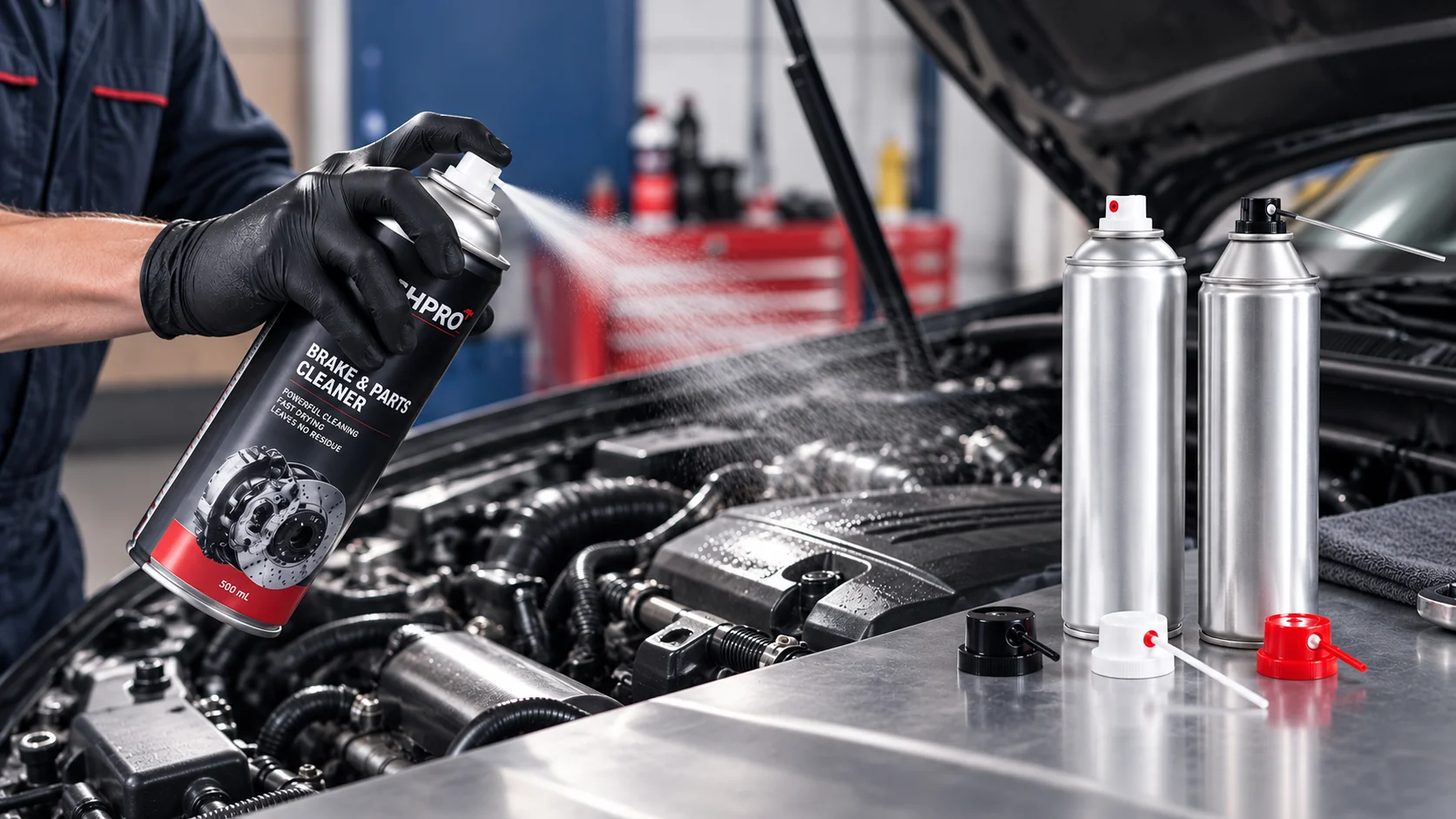 Mechanic spraying brake cleaner into a car engine bay beside aluminum aerosol cans and actuator components