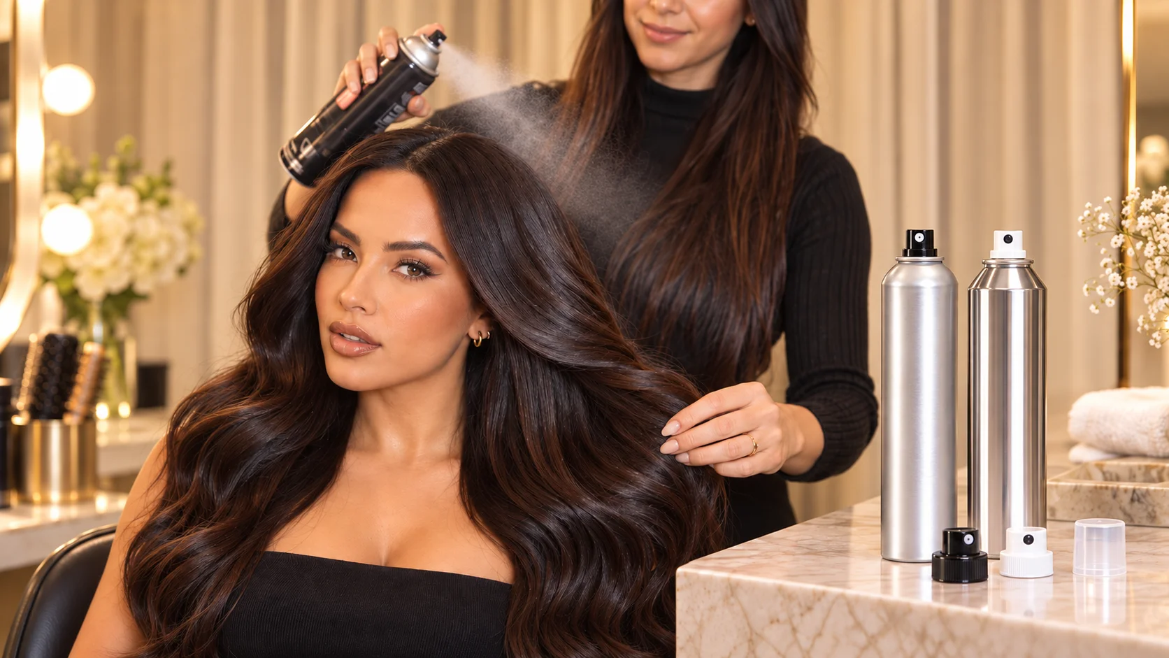 Hair stylist applying aerosol hairspray in a salon with aluminum aerosol cans and spray components