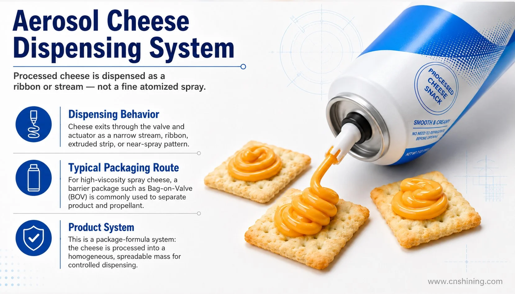 Technischer Überblick über Käse-Aerosolsprays Technische Übersicht über Käse-Aerosol-Sprühdose, Ventil, Betätigungselement und Bandauslass