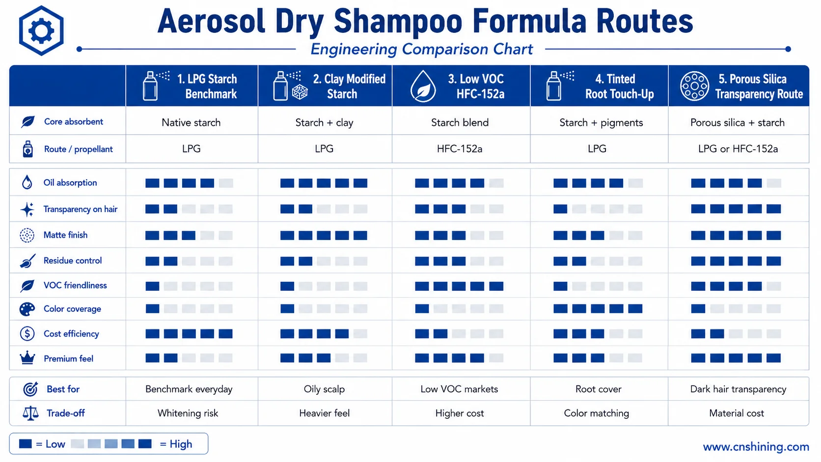 Representative aerosol dry shampoo formula routes Comparison of aerosol dry shampoo formula routes including LPG starch, low VOC, tinted and silica transparency systems
