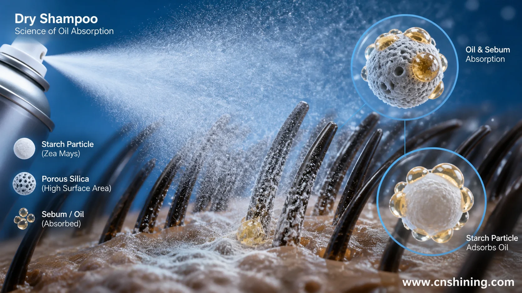 Aerosol dry shampoo spray plume and oil absorption mechanism Dry shampoo spray plume depositing starch and porous silica particles onto oily hair roots