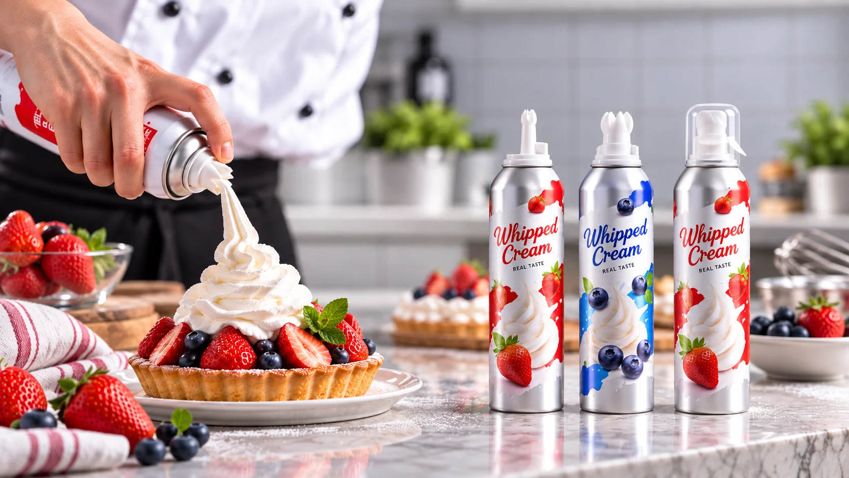 Whipped cream dispensed onto a berry tart beside food-grade aerosol cans in a professional kitchen