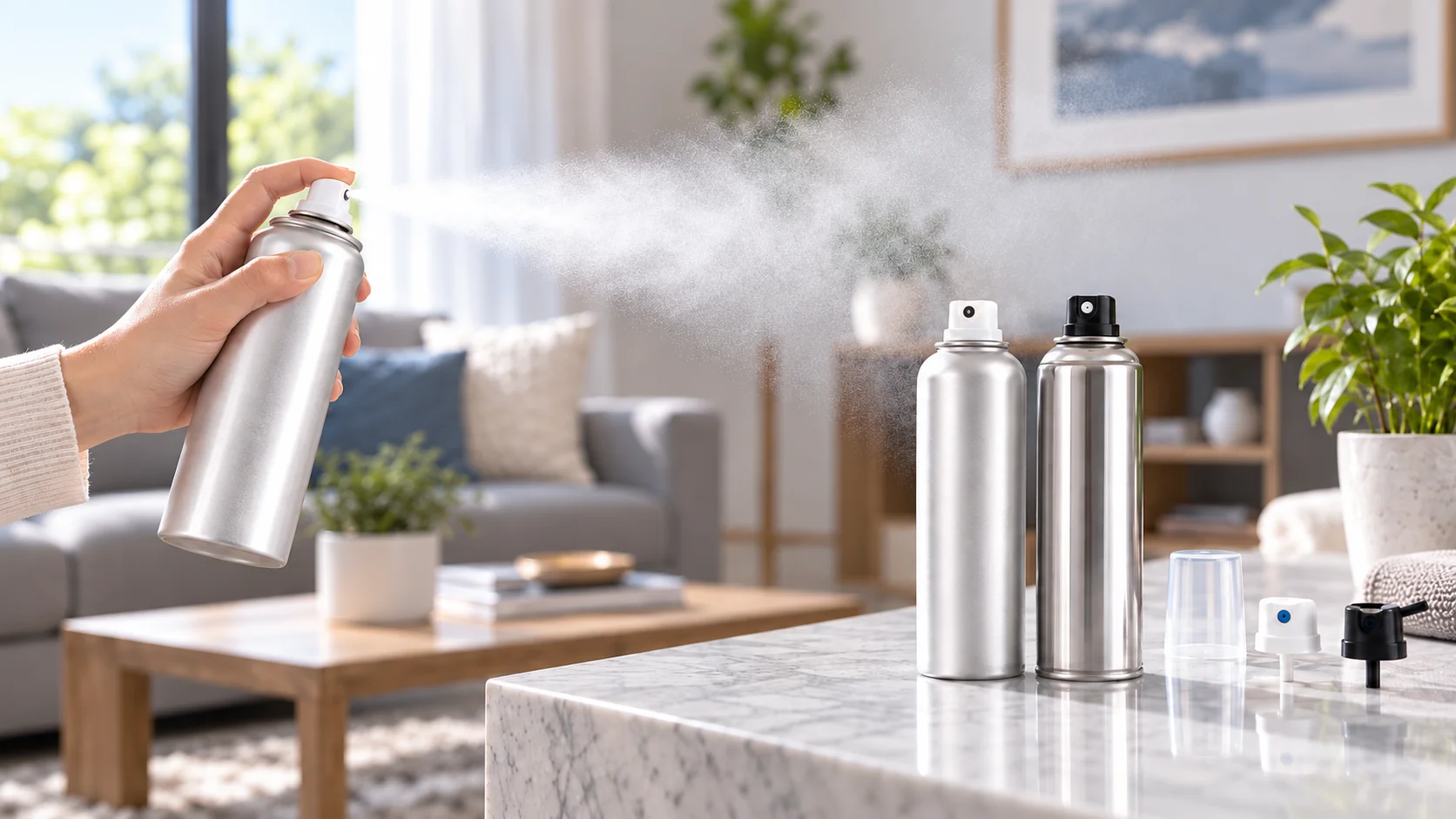Household aerosol spray creating a fine mist with aluminum cans and dispensing components in a modern home