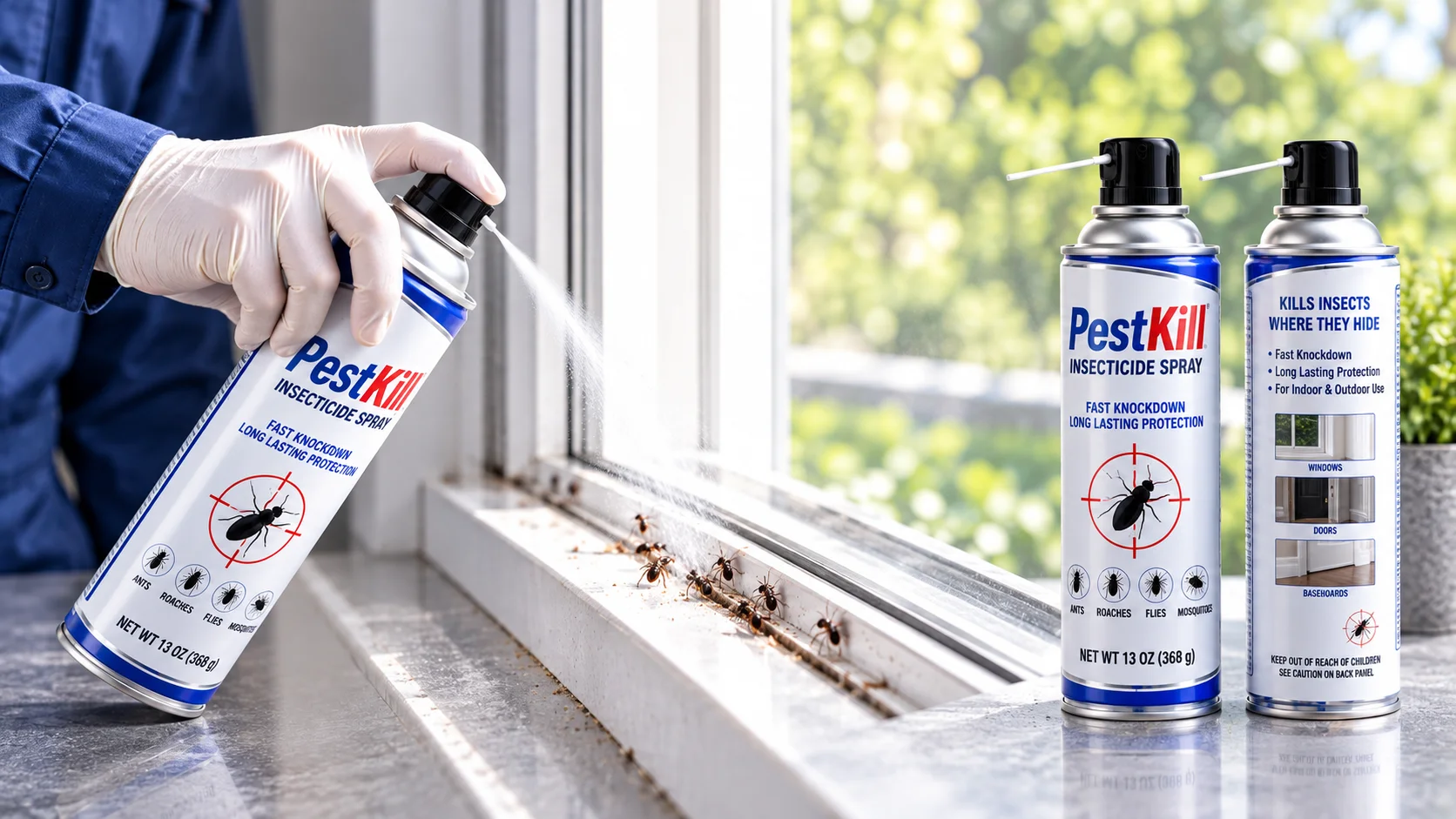 Technician applying insecticide aerosol spray along a window beside pest-control aerosol cans