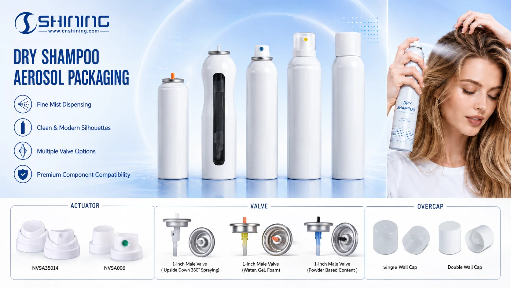 Shining Packaging actuator, aerosol can and valve for dry shampoo applications Shining Packaging aerosol dry shampoo components including actuator, aluminum aerosol can and valve