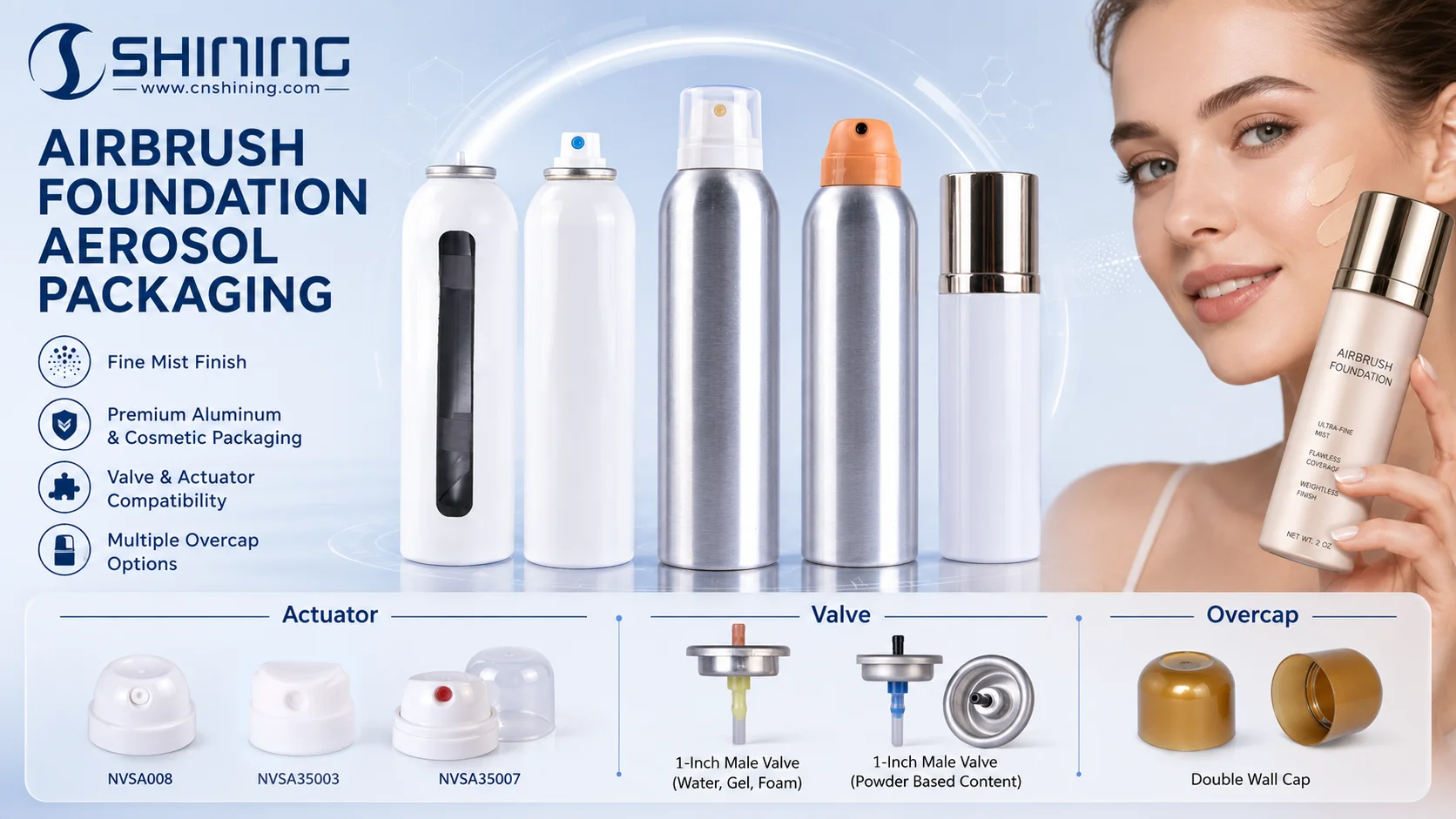 Componentes Shining Packaging para fundação em aerossol. Componentes do atuador e da válvula da lata de aerossol Shining Packaging para base de pulverização de aerossol para aerógrafo
