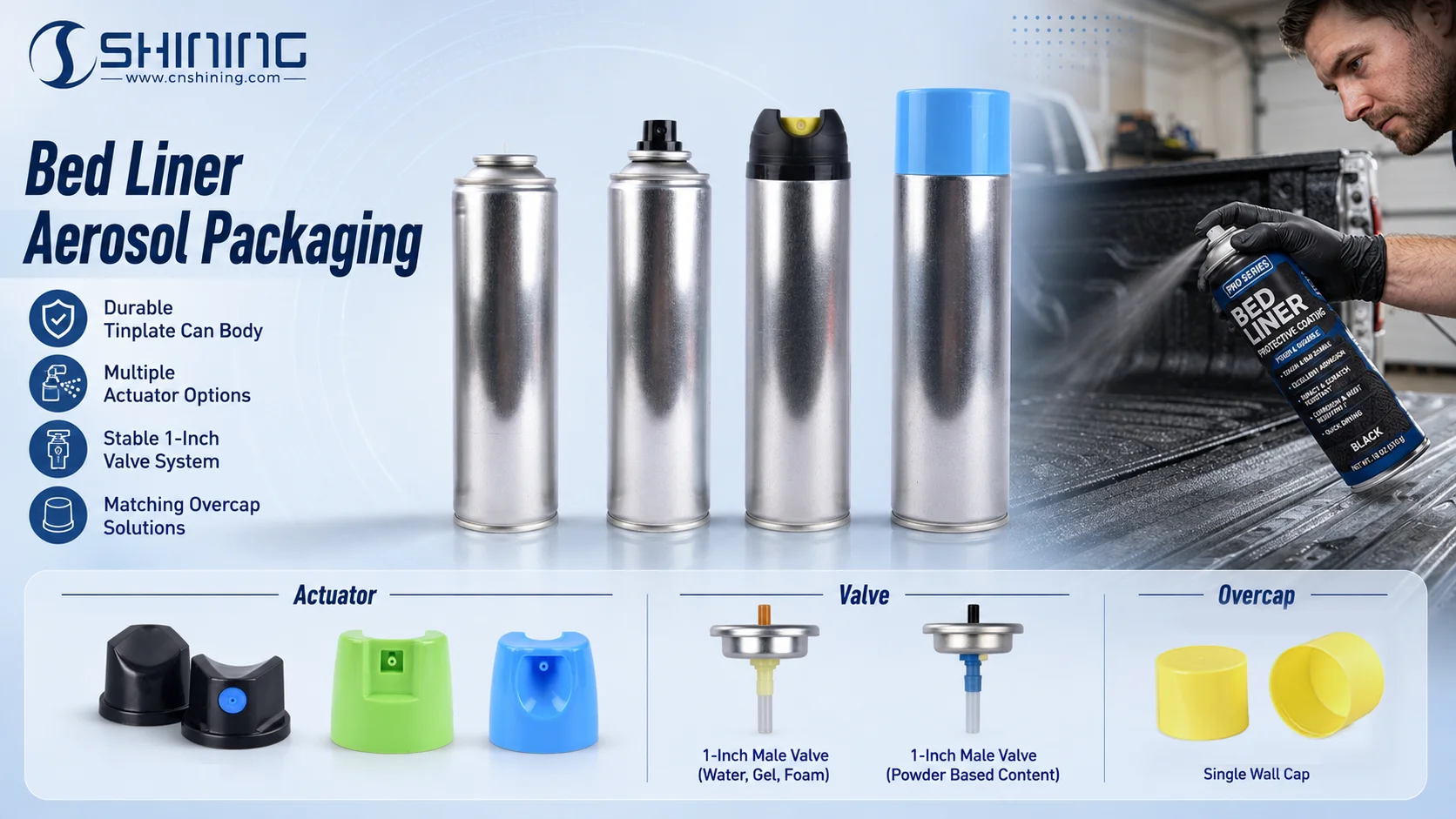 Компоненты Shining Packaging для аэрозольного покрытия кузова автомобиля Компоненты привода и клапана аэрозольного баллончика Shining Packaging, подходящие для аэрозольных покрытий, используемых в качестве защитных покрытий для кузовов автомобилей.