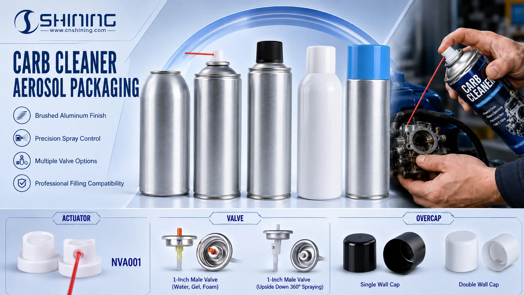 Actuator, aerosol can and valve package system for aerosol carb cleaner Shining Packaging actuator, aerosol can and valve components suitable for high-solvent aerosol carb cleaner packaging
