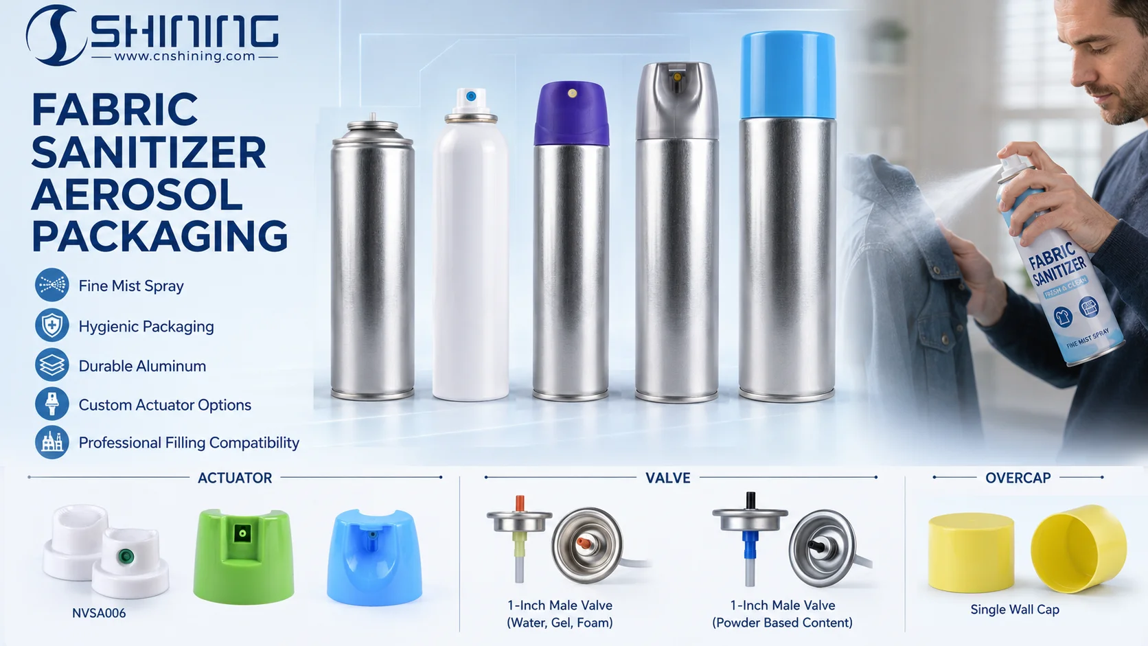 Shining Packaging components for fabric sanitizer aerosol spray Shining Packaging actuator aerosol can and valve components for fabric sanitizer aerosol spray applications