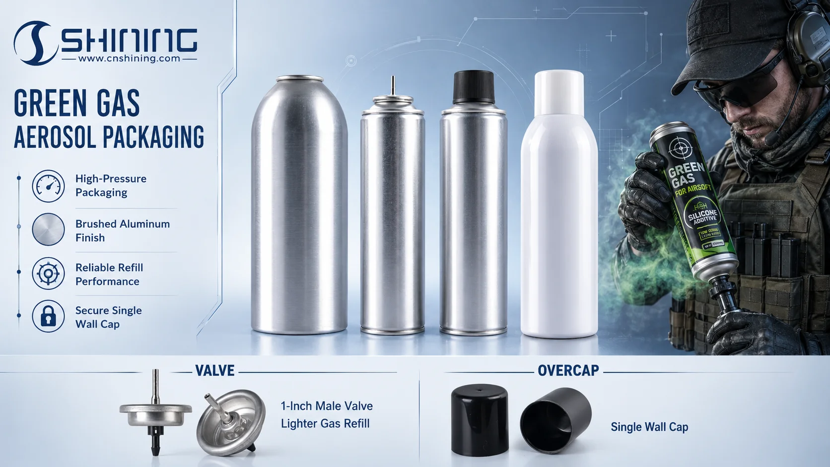 Actuator, aerosol can, and valve components for Green Gas packaging Shining Packaging aerosol cans, valves, and actuators for Green Gas-compatible aerosol systems