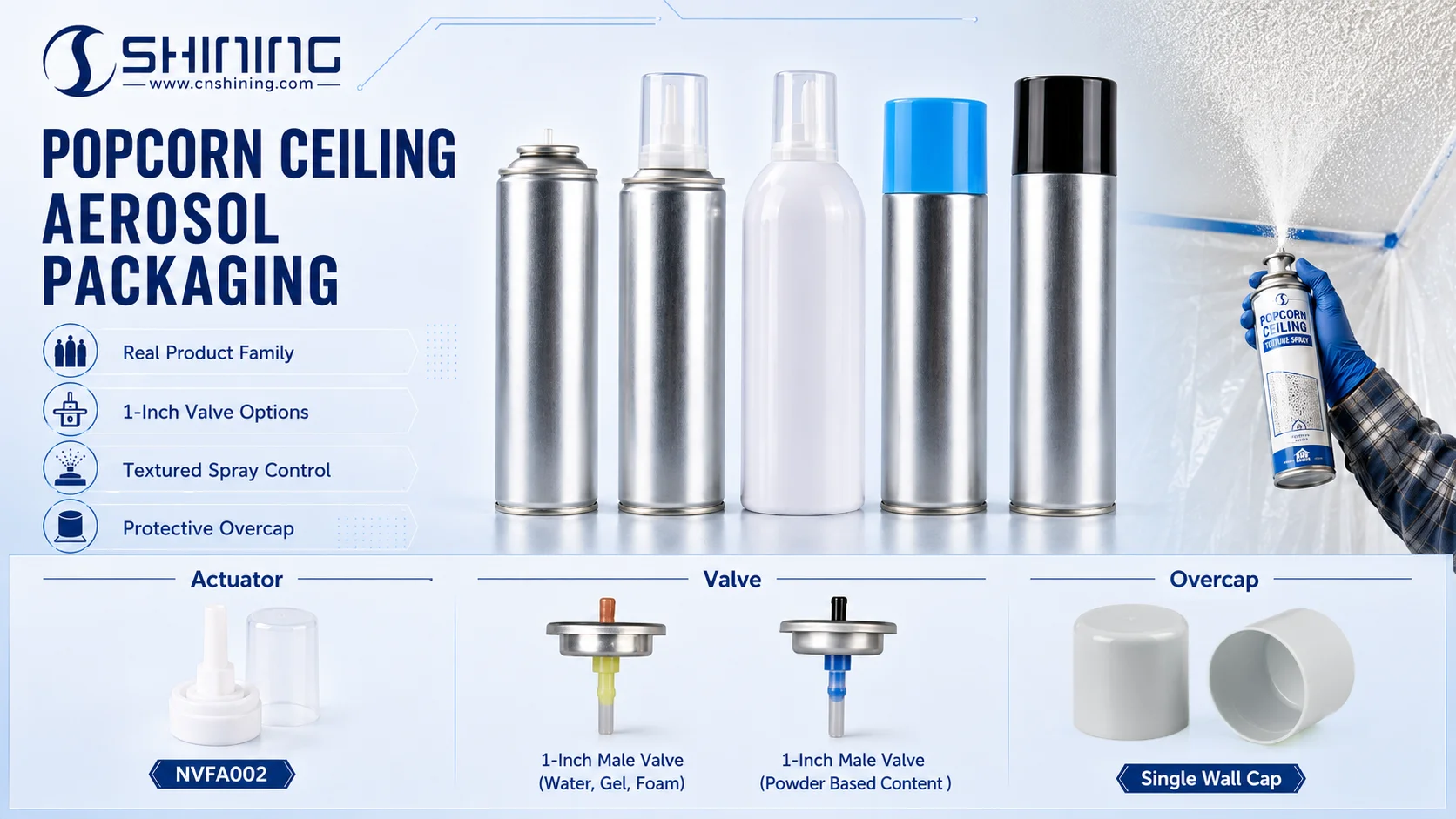 Компоненты Shining Packaging для аэрозольного распыления краски для потолков типа «попкорн» Аэрозольный баллон Shining Packaging, привод и клапанные компоненты для нанесения текстуры «попкорн» методом распыления.