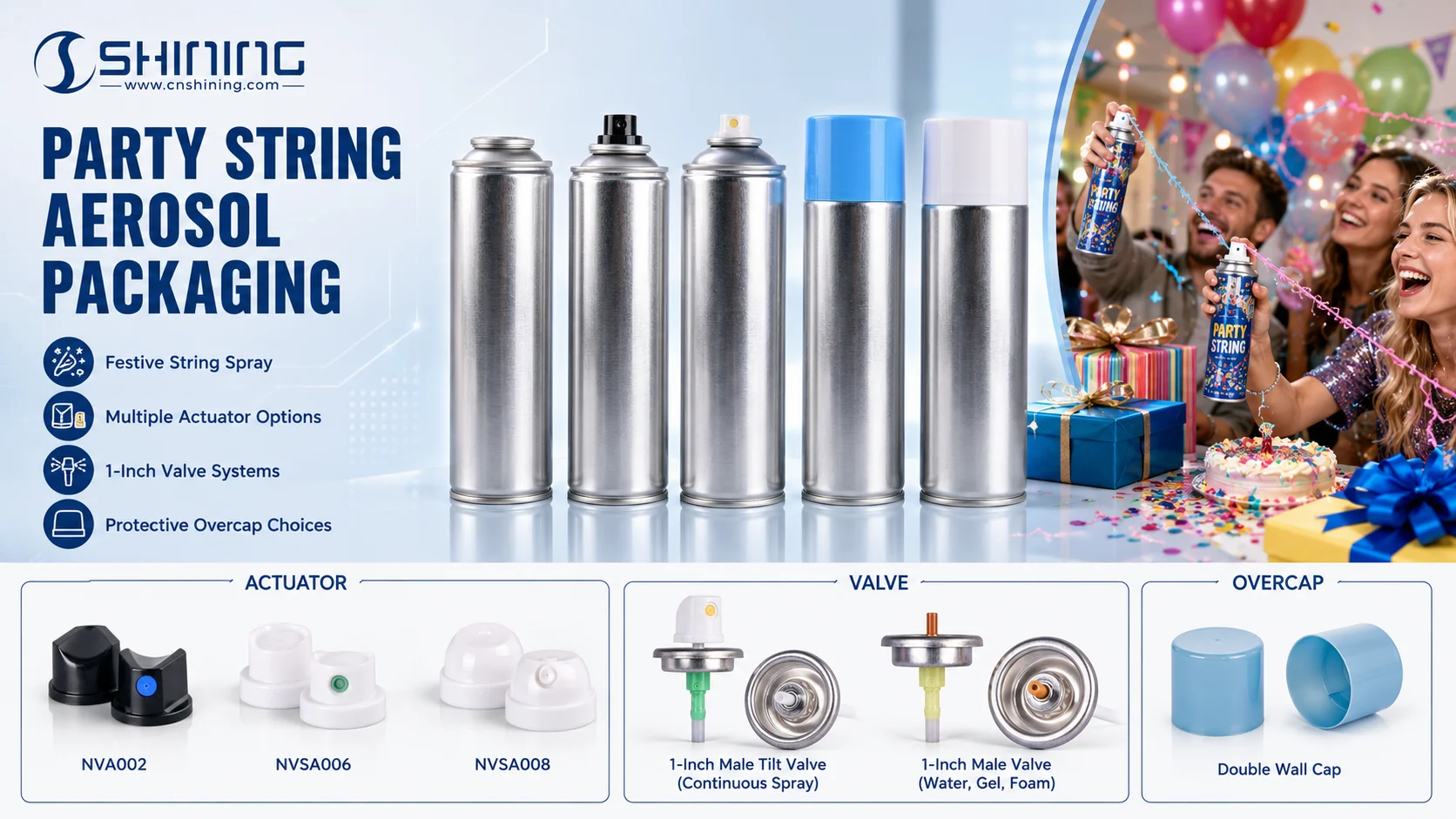 Компоненты Shining Packaging для гирлянды Party String Spray Компоненты привода, аэрозольного баллончика и клапана Shining Packaging для разработки упаковки Party String Spray