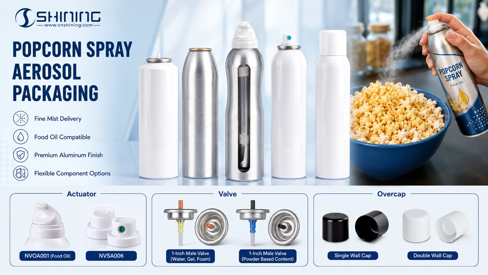 Shining Packaging popcorn aerosol spray components Shining Packaging actuator aerosol can and valve set for popcorn aerosol spray application