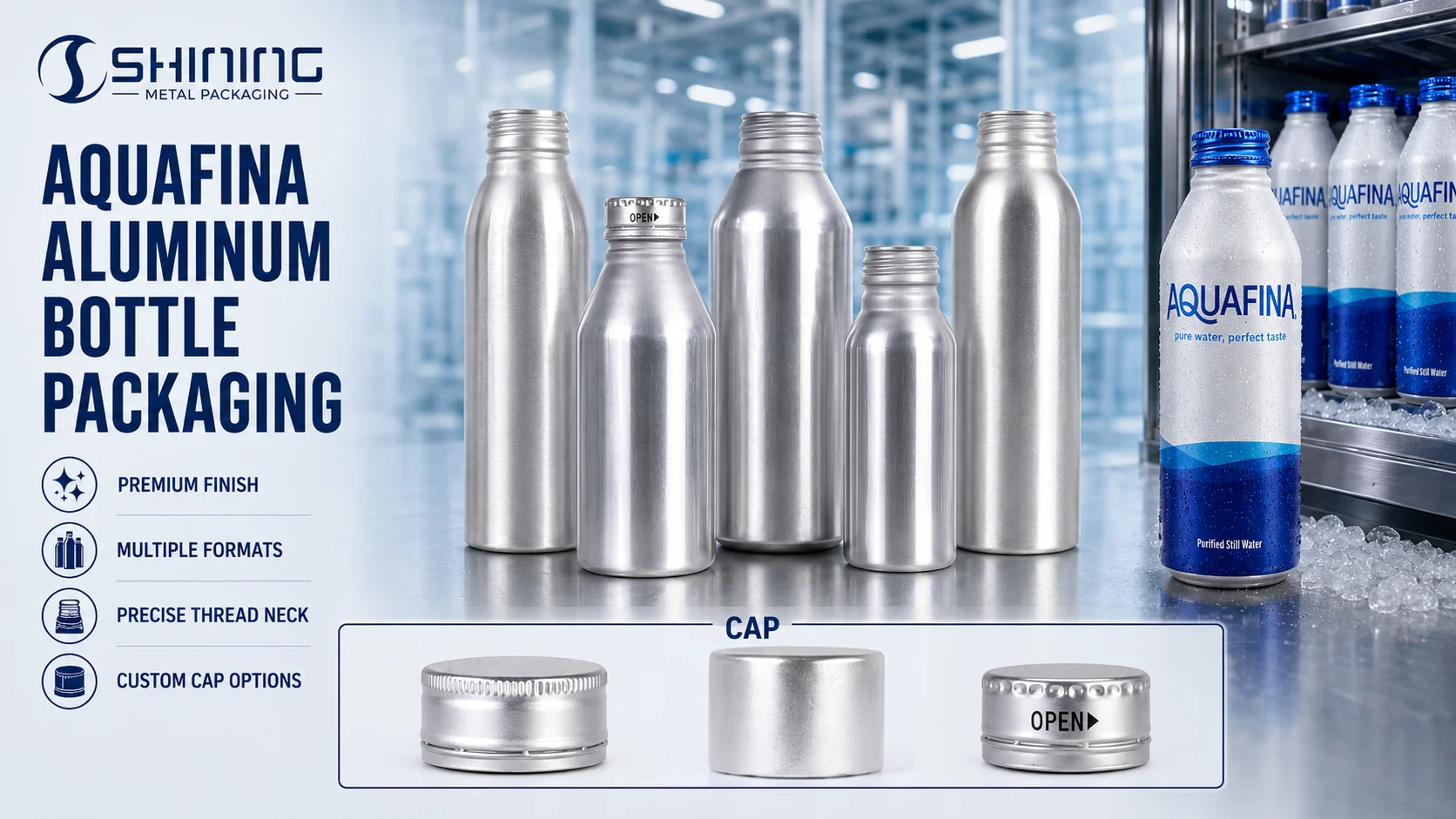 Shining 16 oz Aluminum Water Bottle Development Reference Blue and silver 16 oz aluminum bottle samples showing purified-water closure, neck, coating and print-development considerations.