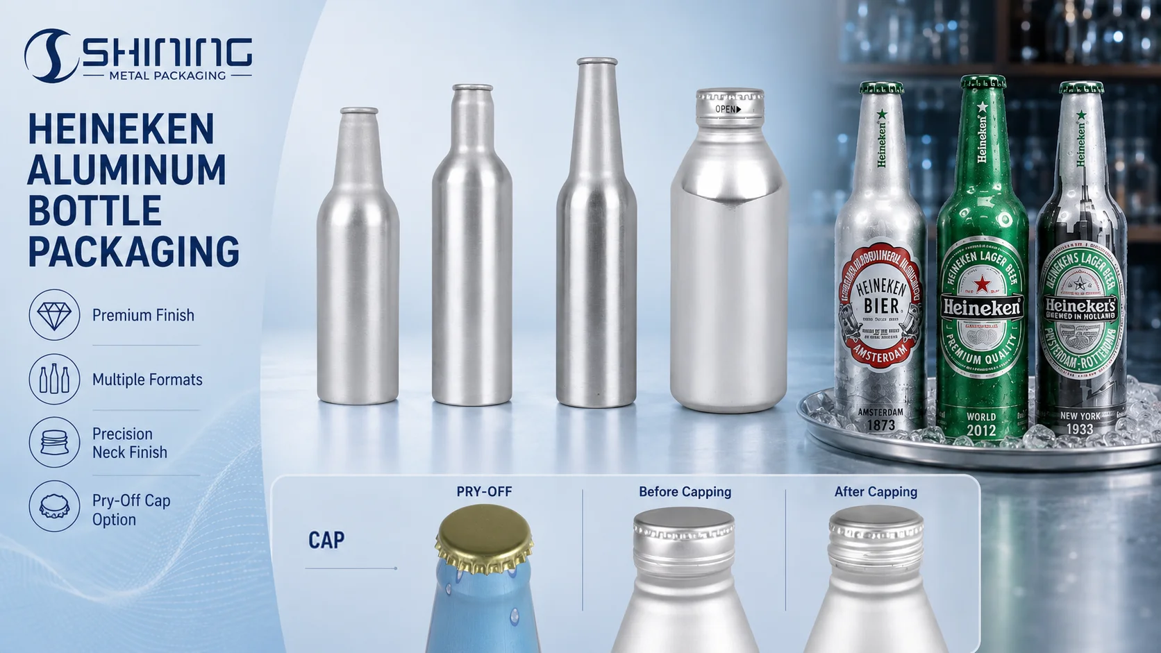 From Bottle Concept to Validated Carbonated-Beverage Package Aluminum beer bottle engineering samples showing bottle geometry, ROPP closure fit, internal coating and print-finish validation.