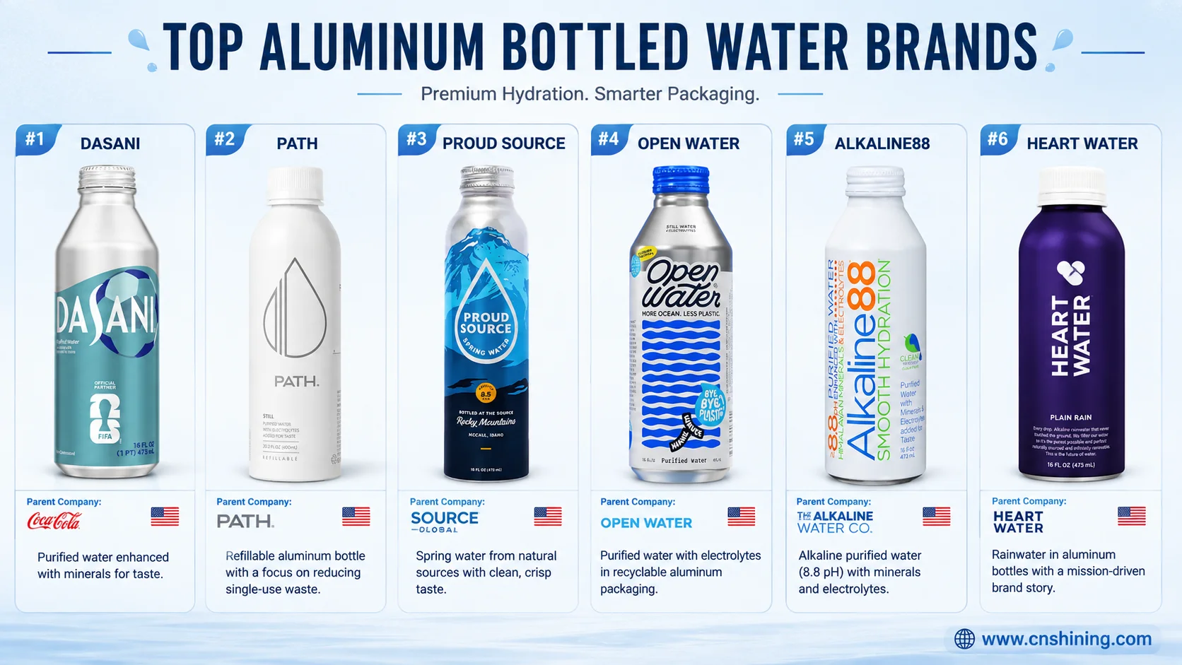 Still-Water Aluminum Bottle Competitive Set Dasani aluminum bottle compared with PATH Proud Source Open Water Alkaline88 and Heart Water aluminum water bottles