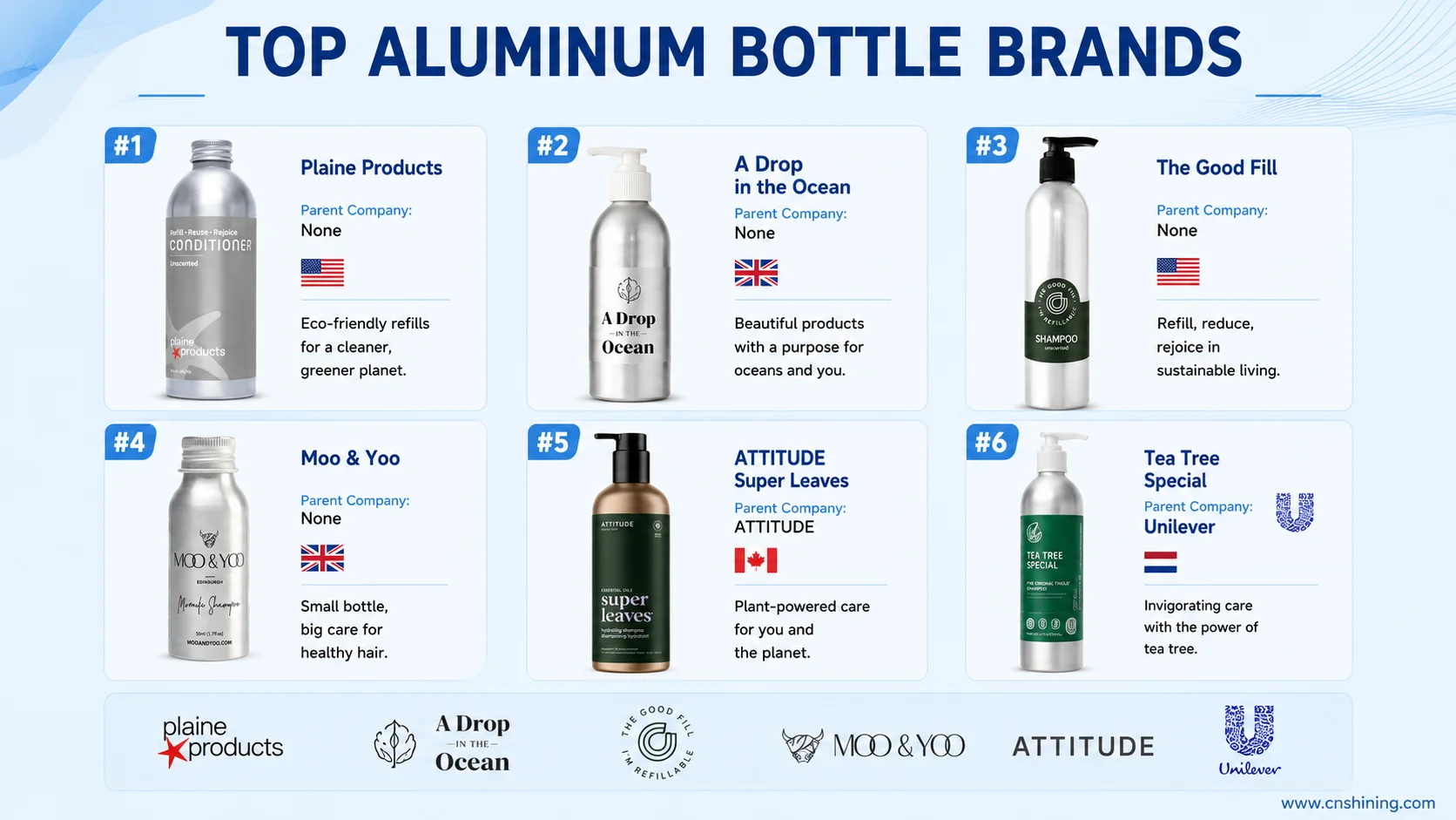 Liquid shampoo aluminum-bottle formats Comparison lineup of liquid shampoo brands using aluminum bottles