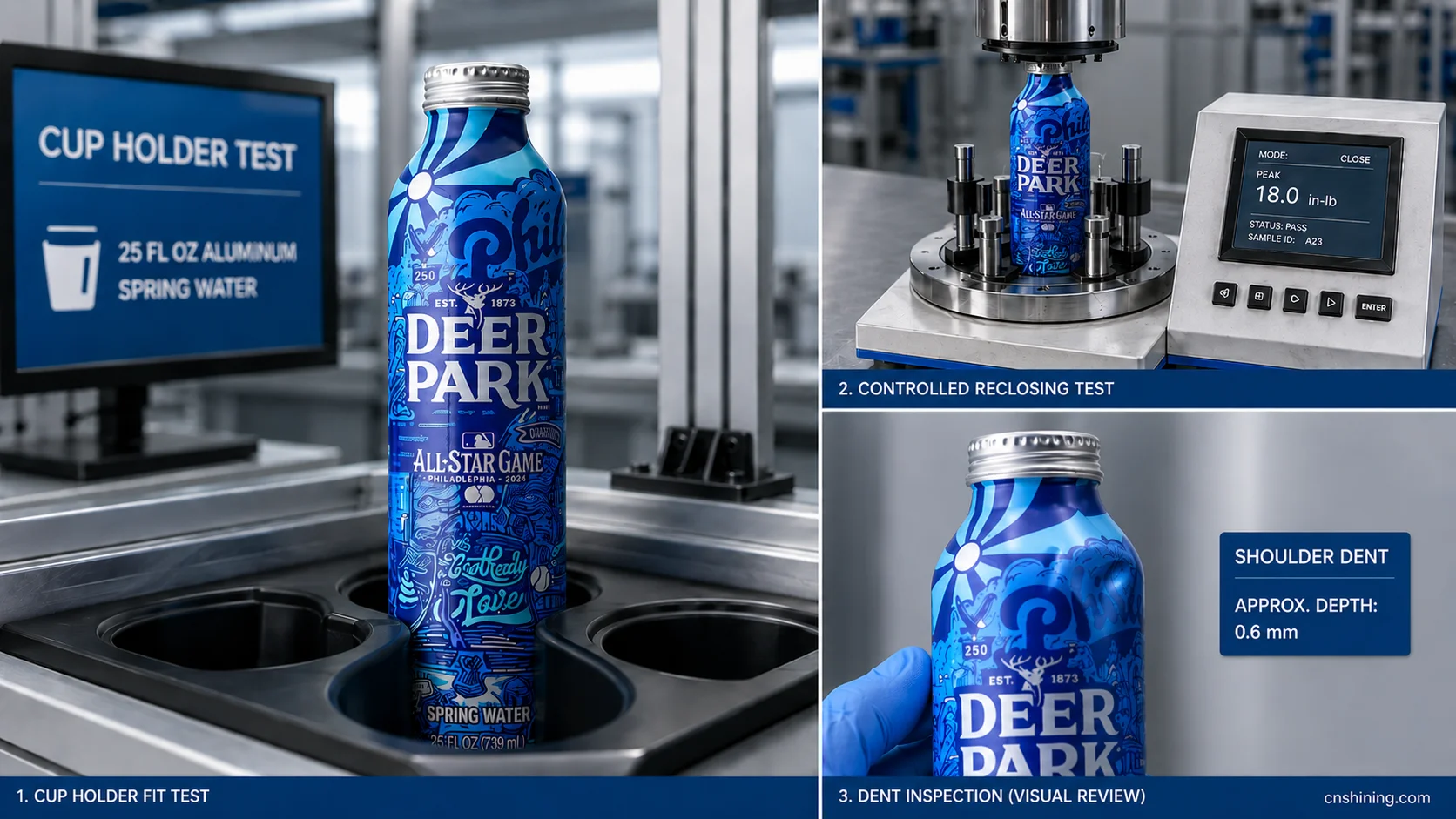 Handling and Cosmetic-Damage Validation Resealable aluminum water bottle handling, closure and cosmetic dent validation