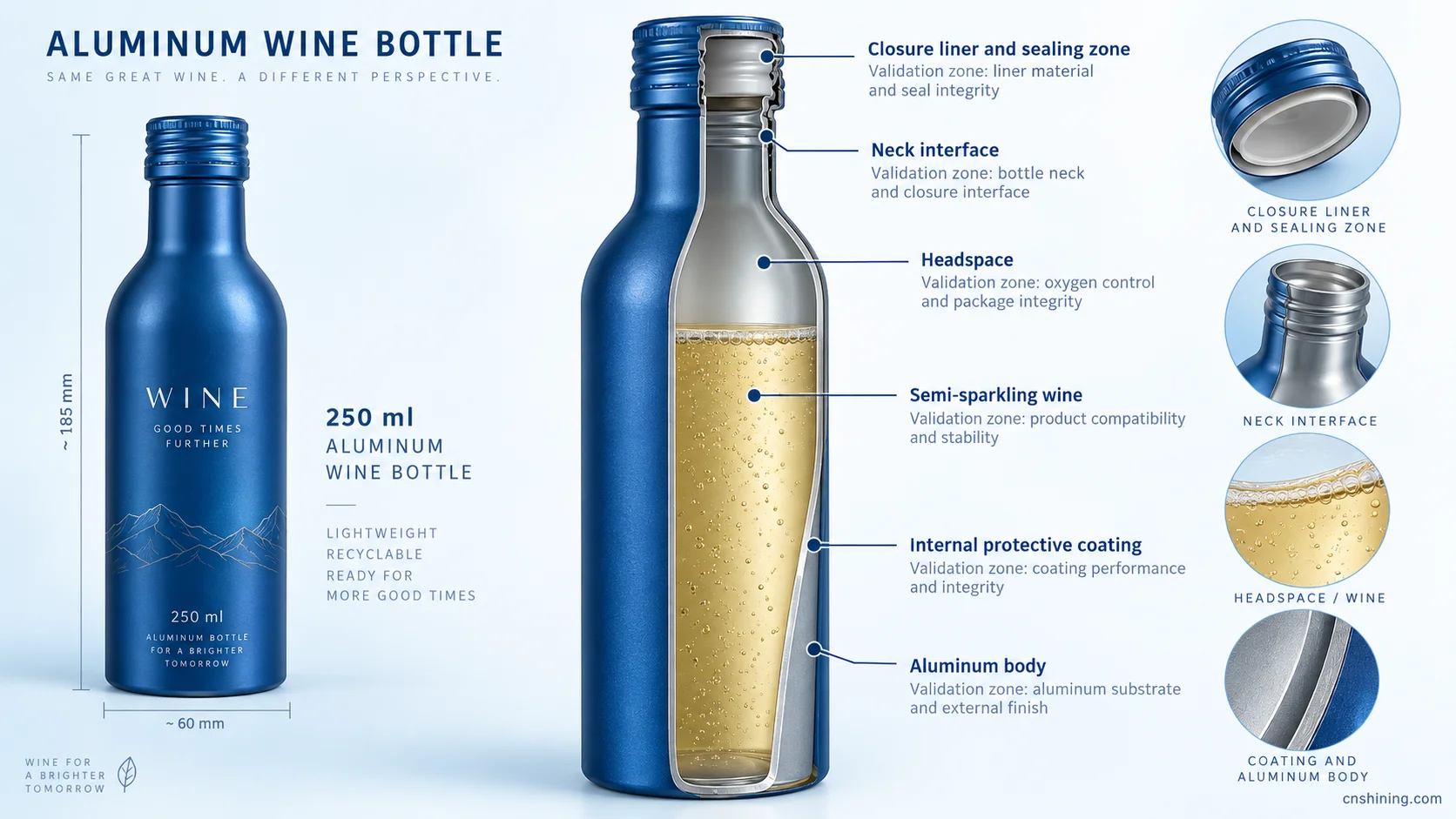Aluminum Wine Bottle Product-Contact Validation aluminum wine bottle technical cross section showing coating and closure validation zones