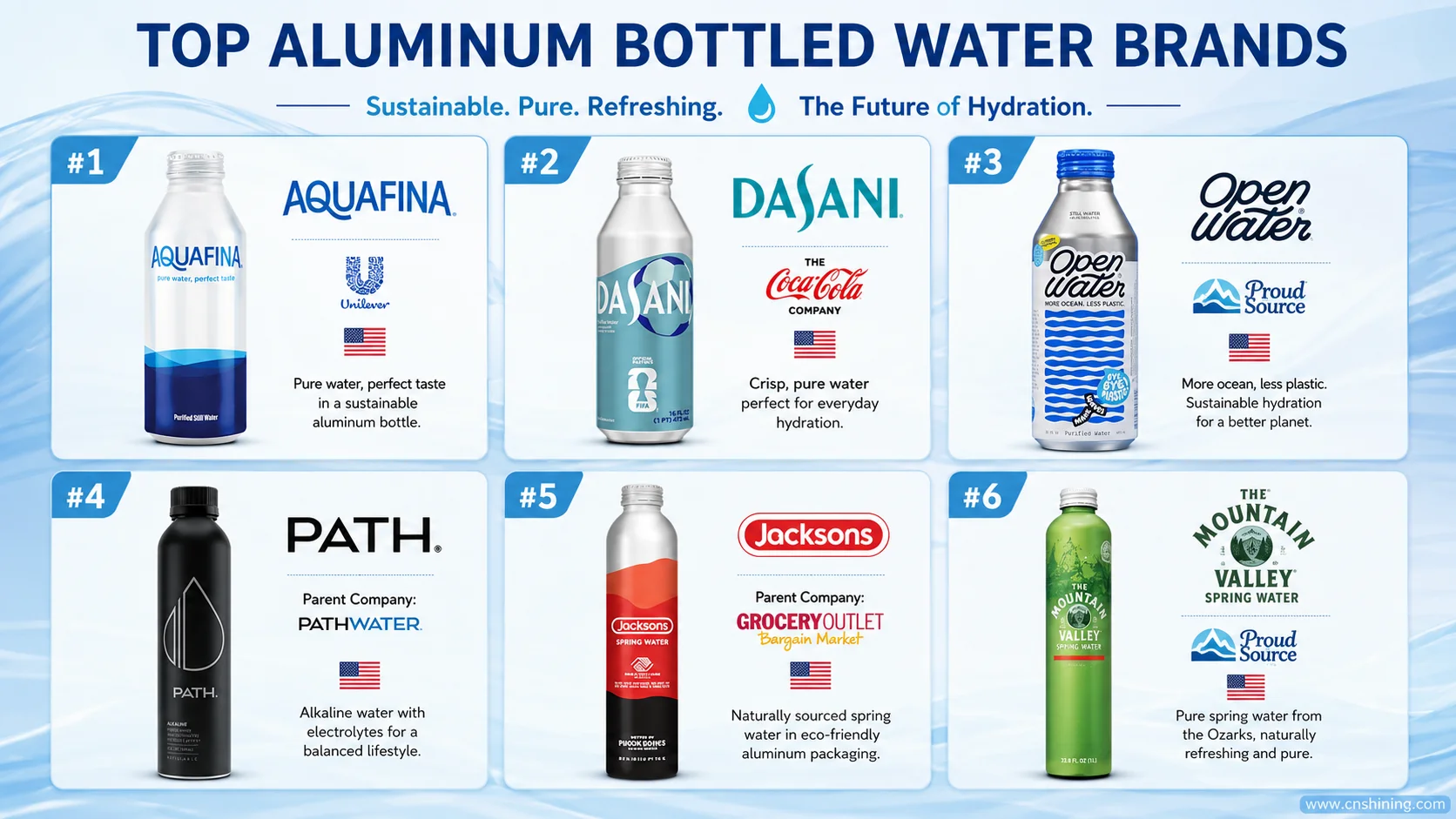 Aluminum-Bottled Water Competitor Comparison Aquafina aluminum bottle compared with Dasani, Open Water, PATH, Proud Source and Mountain Valley aluminum water bottles.