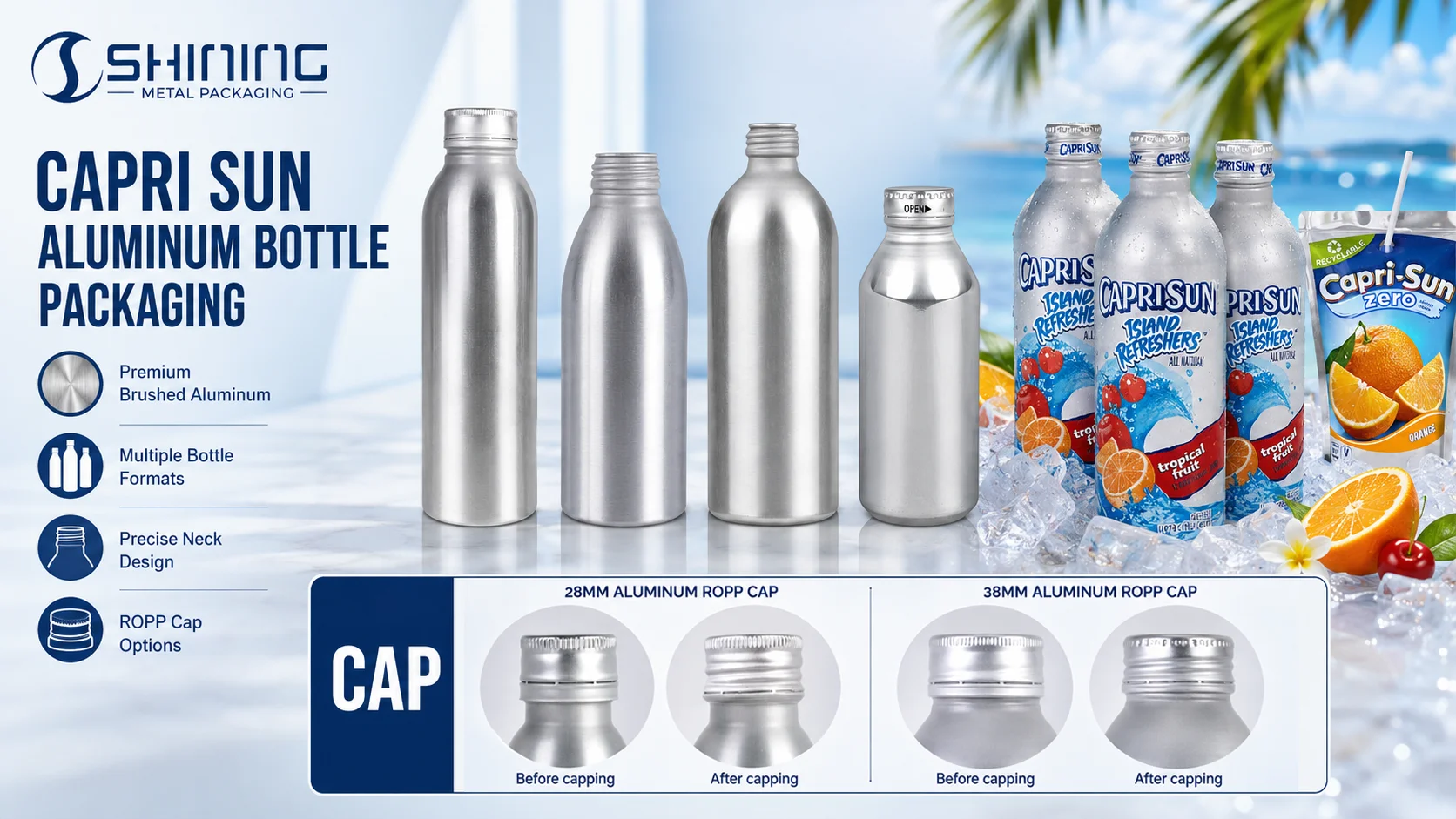 330 mL Resealable Aluminum Fruit-Drink Bottle Development Reference 330 mL aluminum bottle reference for an acidic fruit drink showing threaded closure, internal coating and direct-print surface.