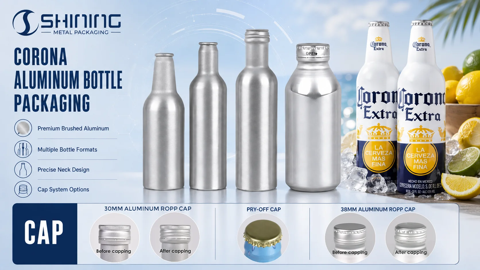 Aluminum beer bottle development sample showing bottle geometry, closure fit, coating validation and printed surface checks for a lager application.