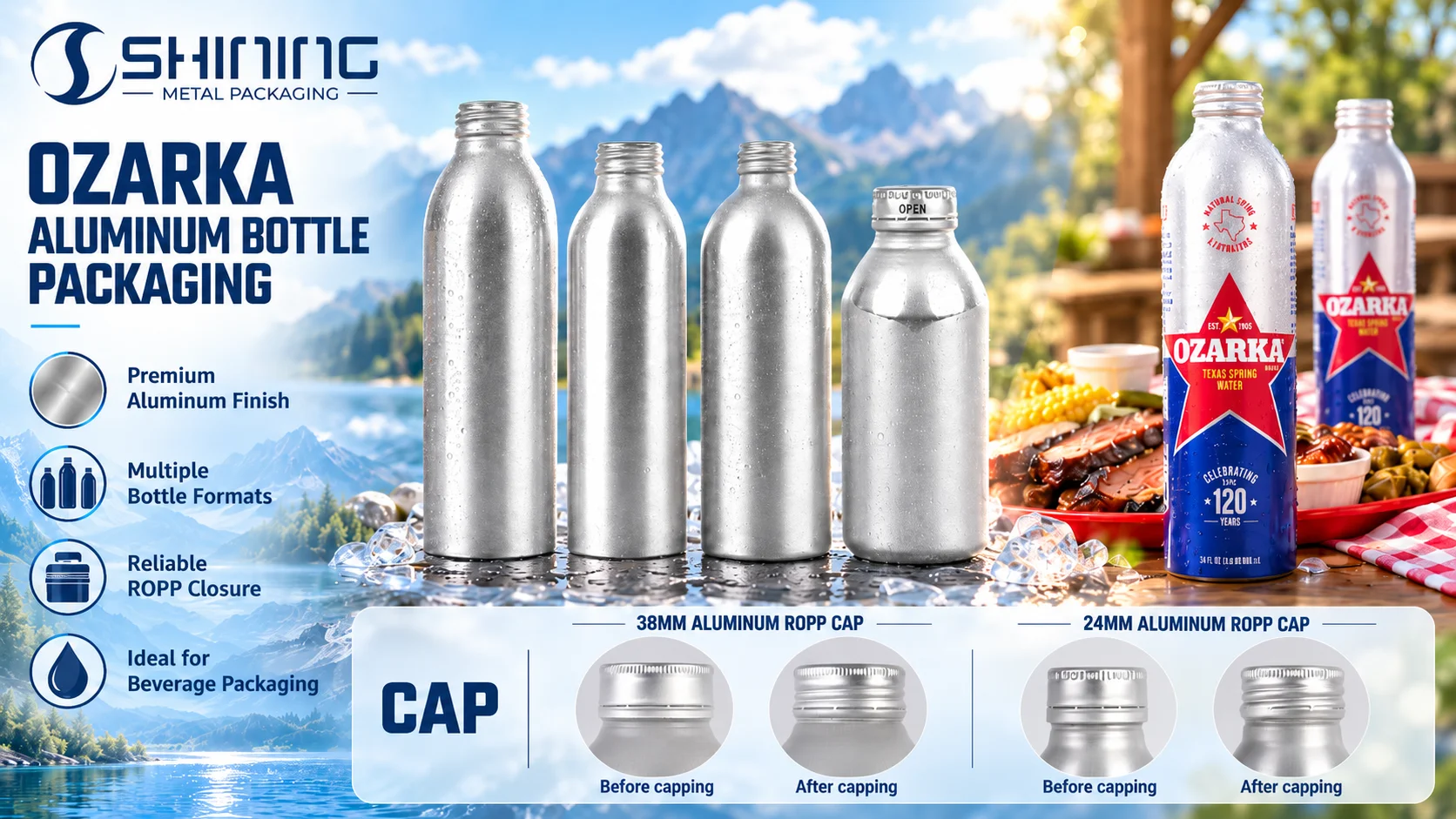 Aluminum beverage bottle options for still spring water with resealable closure and durable printed finishes.