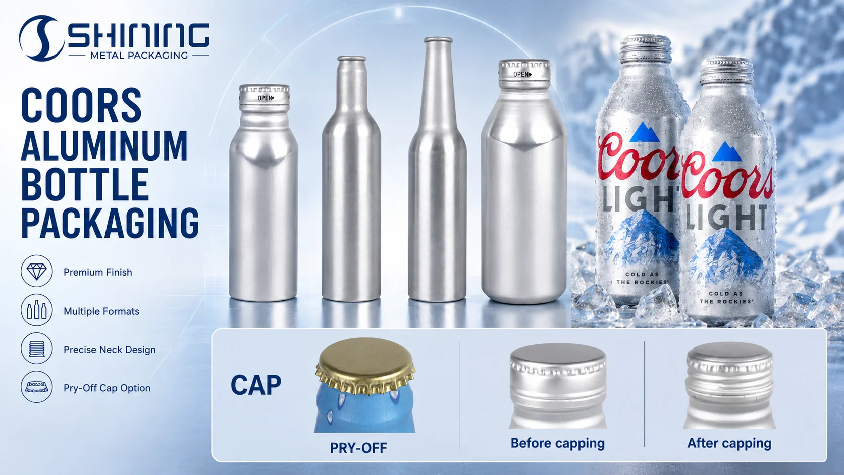 Development Platform for a Cold-First Aluminum Beer Bottle Aluminum beer bottle development samples for a 16 oz carbonated beverage with wide-mouth closure and blue-silver printing.