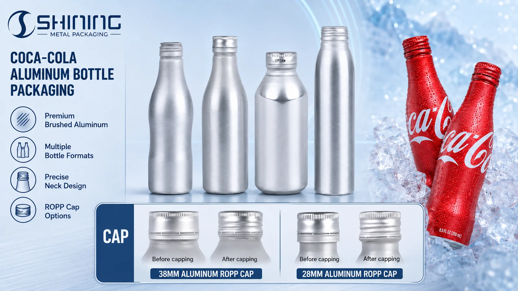 Aluminum beverage bottle development samples for acidic carbonated drinks with shaped bodies and closure validation