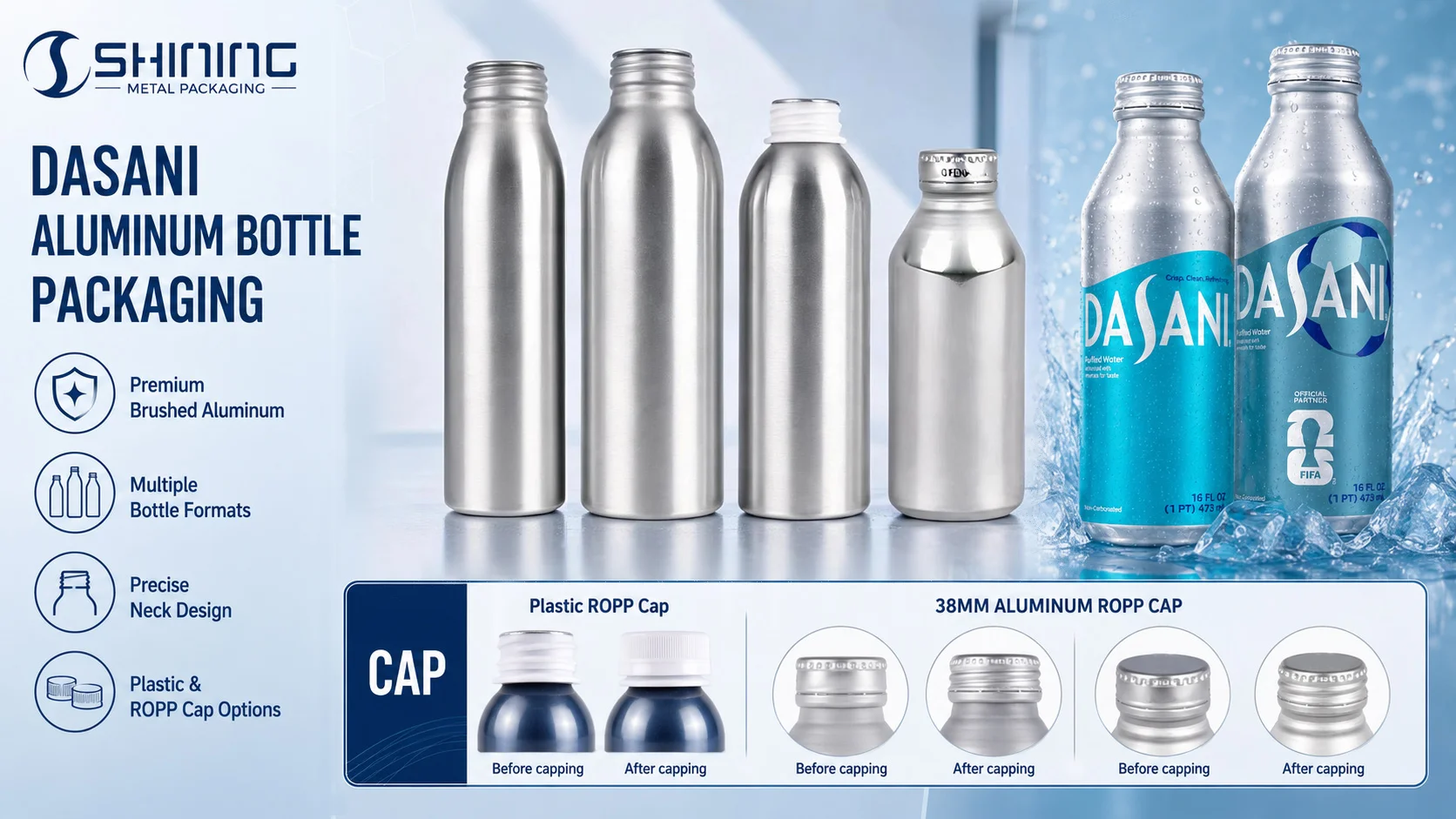 Resealable Aluminum Water Bottle Development Reference Resealable aluminum water bottle reference for a Dasani aluminum bottle development program