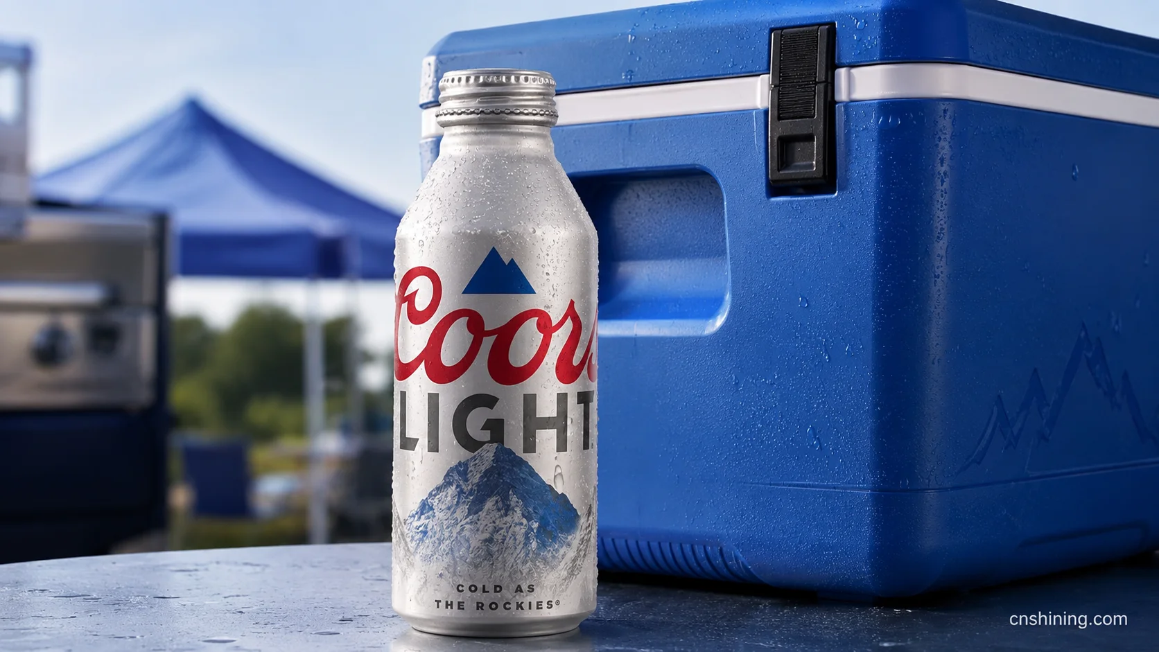 Cold Refreshment as a Physical Packaging Signal Coors Light aluminum bottle shown as a cold-first beer package in a restrained outdoor cooler setting.