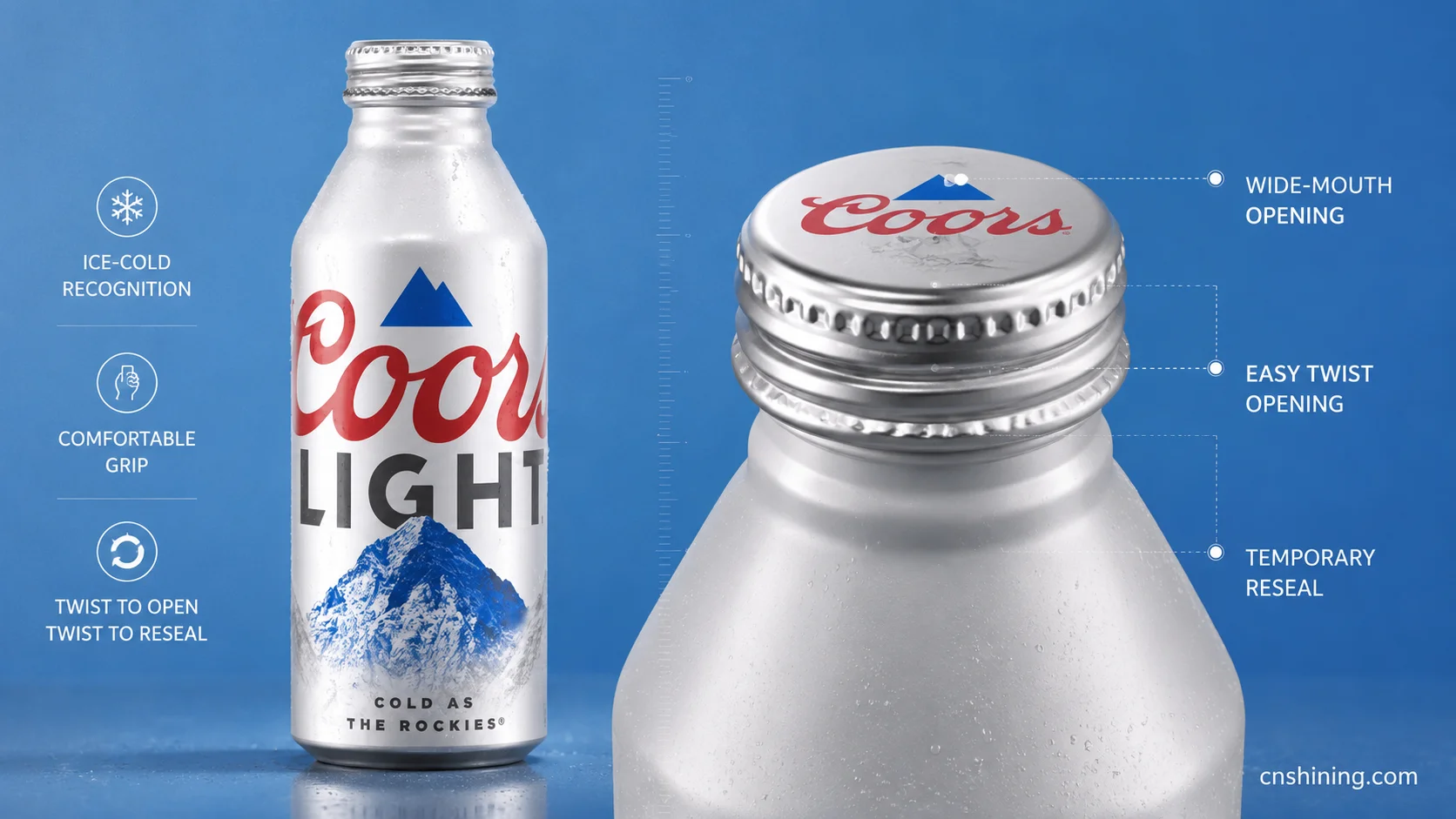 The Opening System as Part of the Drinking Occasion Close technical view of the wide-mouth resealable closure on a Coors Light 16 oz aluminum bottle.