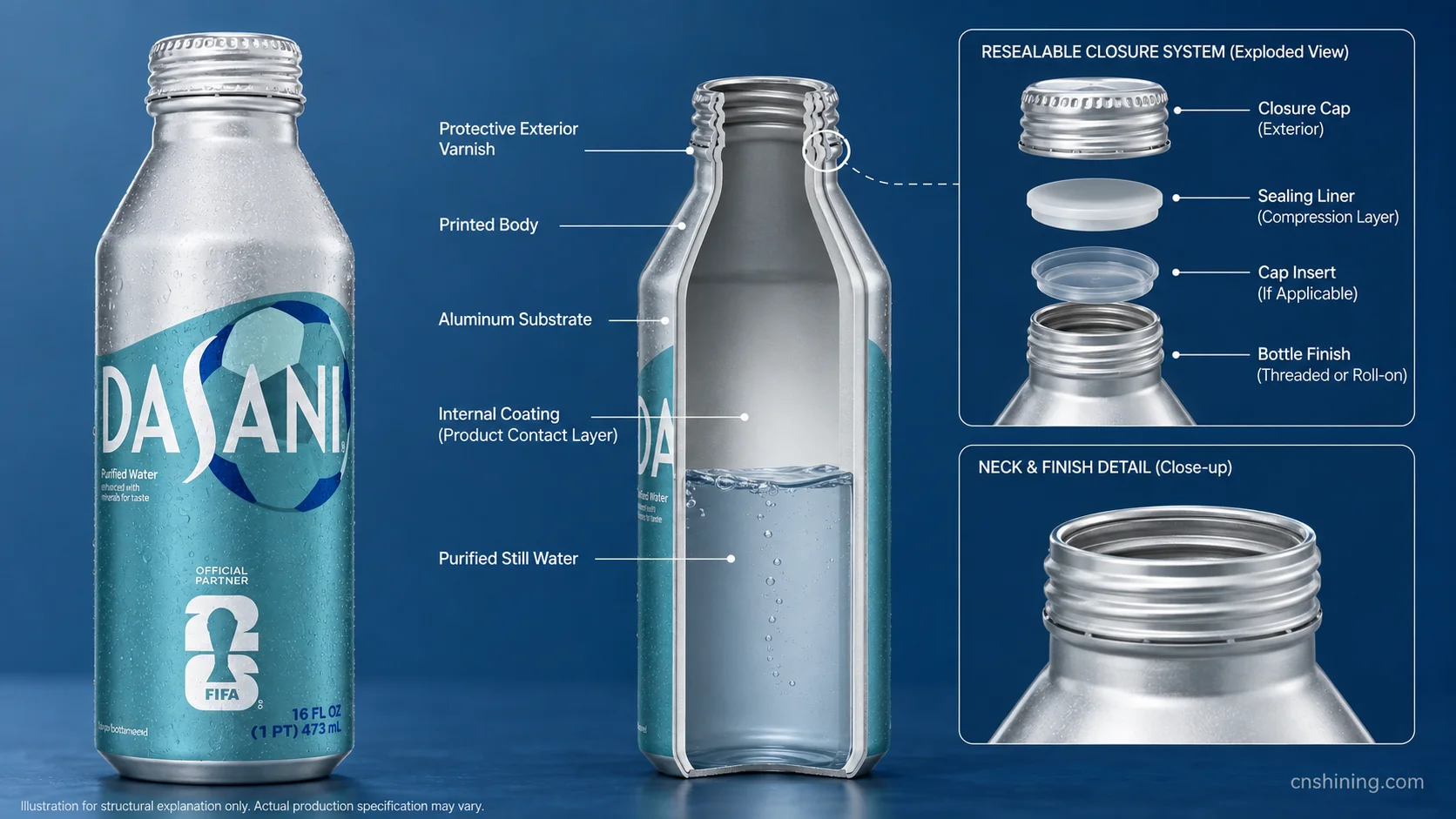 Critical Interfaces in a Resealable Aluminum Water Bottle Dasani aluminum bottle engineering diagram showing liner closure neck and printed surface interfaces