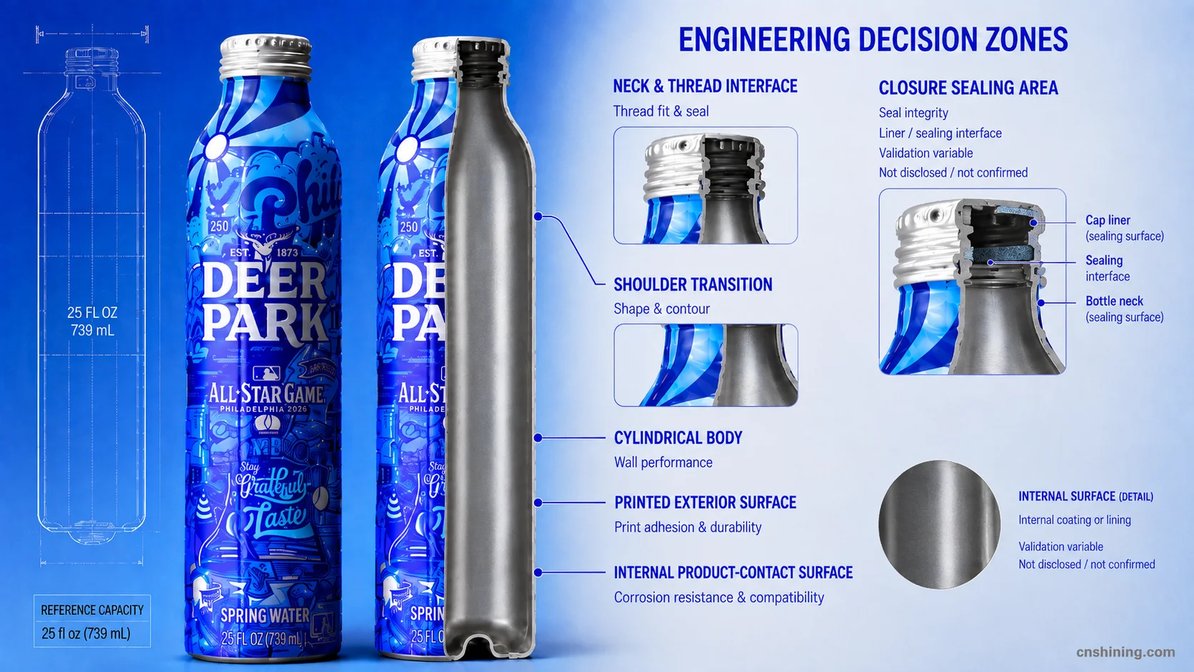 Product-Contact and Closure Validation Zones Technical compatibility zones of an aluminum bottle for Deer Park spring water