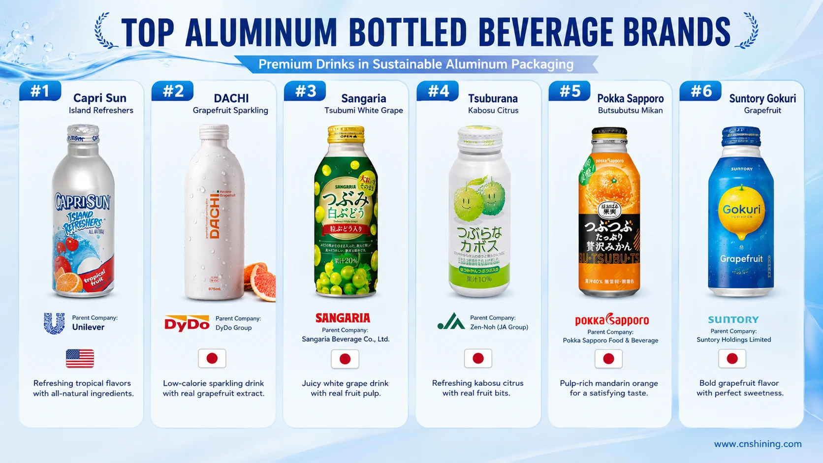 Five Fruit-Forward Drinks Using Aluminum Bottle or Bottle-Can Formats Fruit drink aluminum bottle comparison featuring Suntory Gokuri, Pokka Sapporo, JA Foods Oita, Sangaria and Dachi.