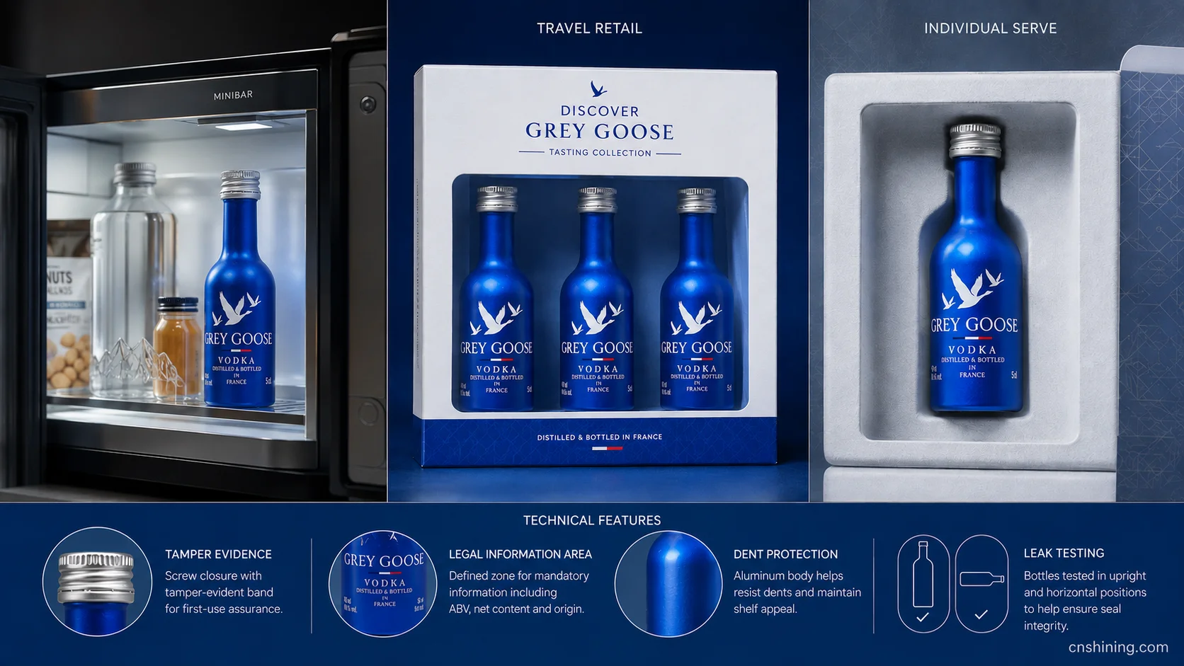 Small-Format Vodka Packaging in Controlled Portable Channels Grey Goose 50mL aluminum bottle shown in premium minibar and travel-retail packaging scenarios