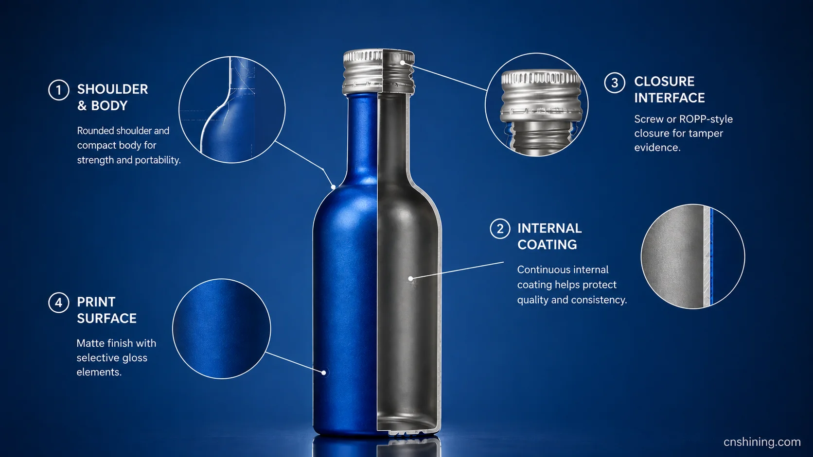 Engineering Priorities for a Premium Vodka Aluminum Bottle Technical aluminum bottle diagram showing geometry, coating, closure and decoration decision zones for premium vodka