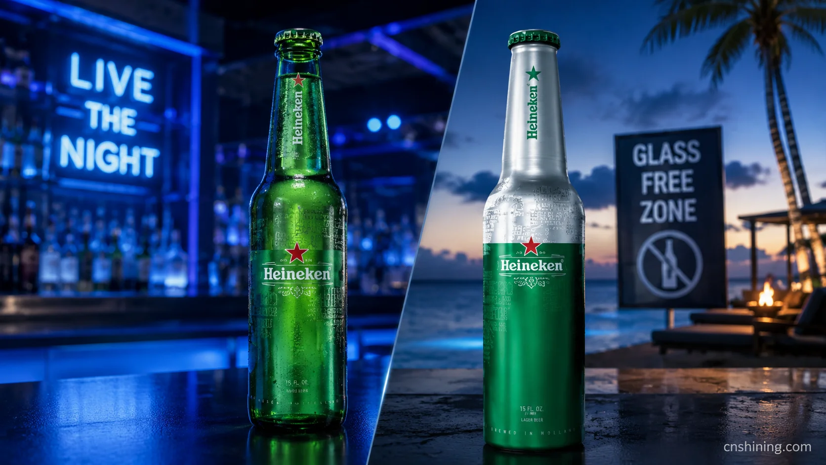 One Brand, Two Clearly Defined Packaging Occasions Heineken aluminum bottle beside the iconic green glass bottle in nightlife and beach-bar settings.