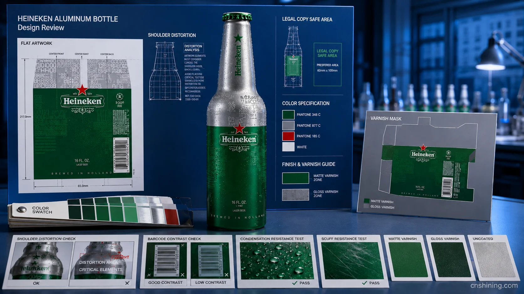 Translating the Green-Bottle Identity onto Metal Heineken aluminum bottle artwork board showing green color control, red star placement, varnish zones and regulatory copy area.
