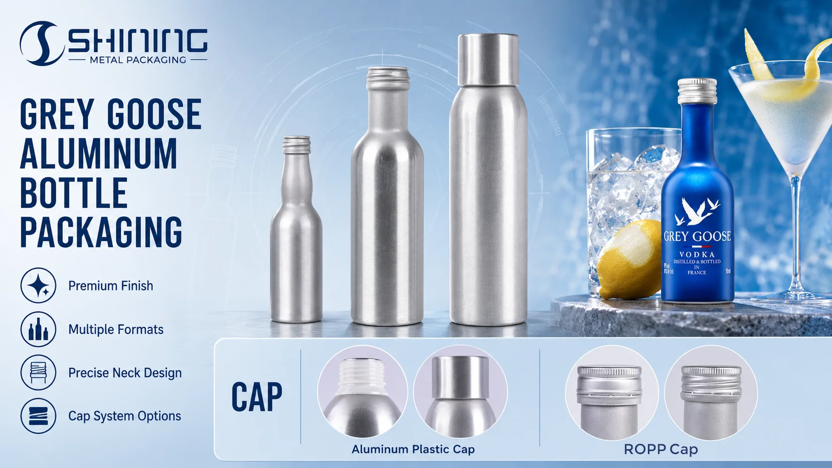 Reference Formats for a Portable Premium Vodka Program Blue and silver premium aluminum vodka bottle formats for 50mL and 200mL packaging development