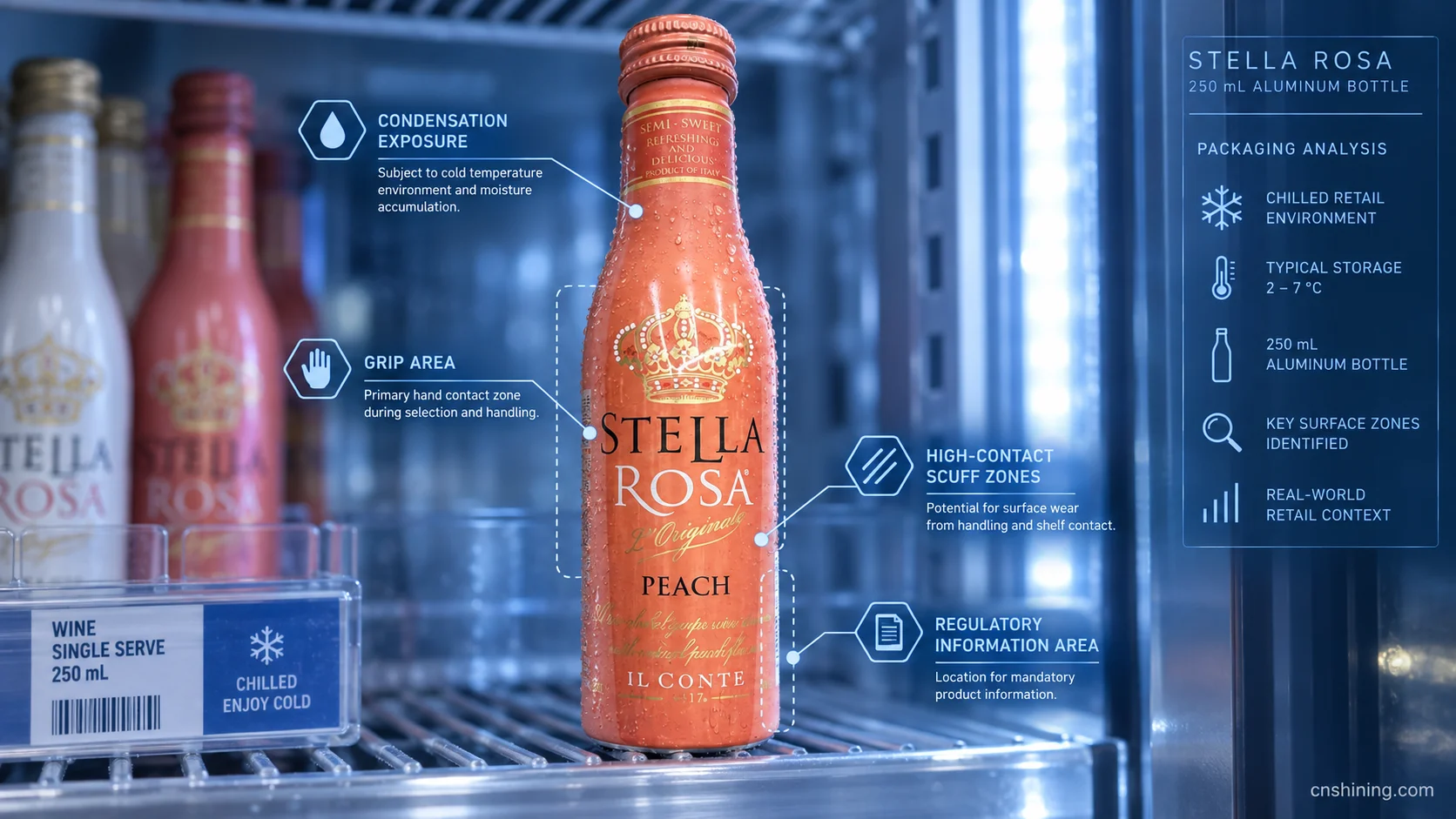 Shelf, Handling and Label-Space Analysis Stella Rosa aluminum bottle shelf presentation with grip decoration and regulatory label zones