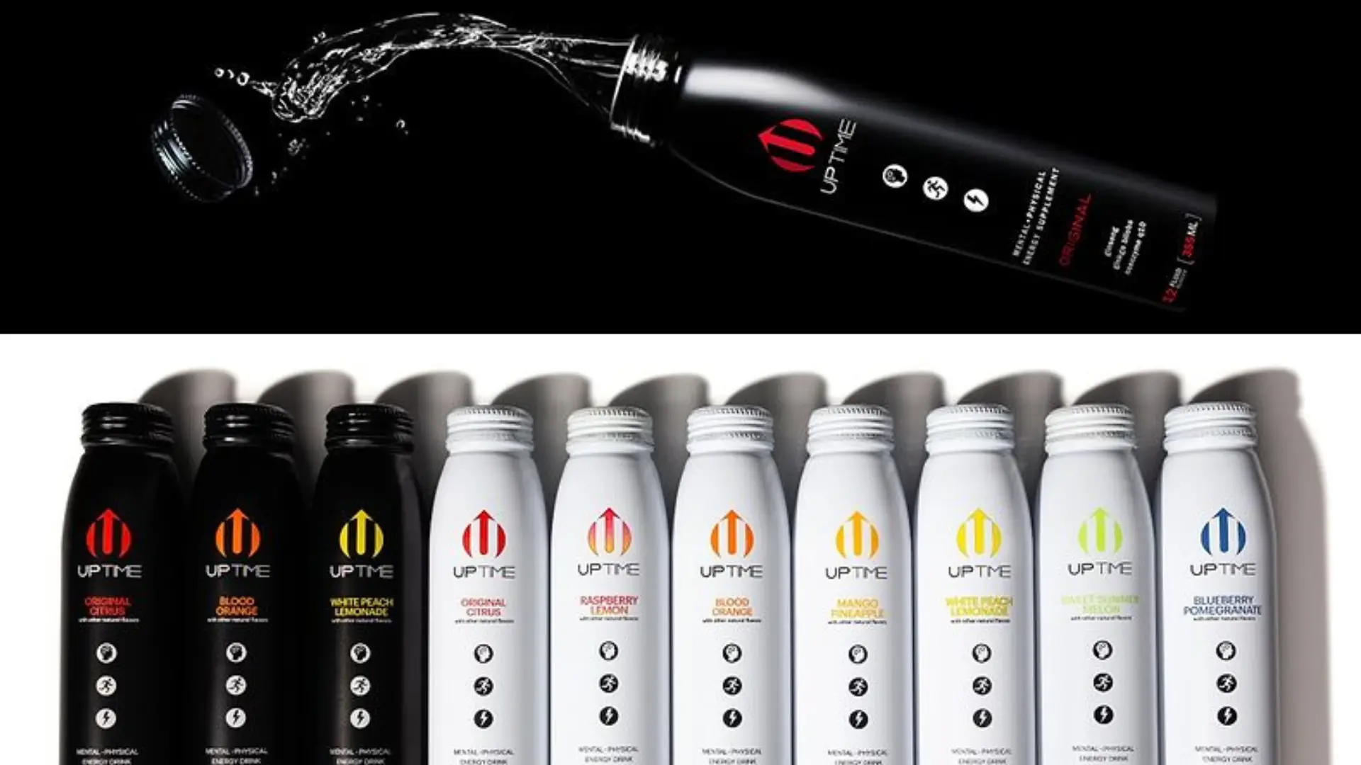 Алюминиевая бутылка UPTIME объемом 355 мл для энергетических напитков.