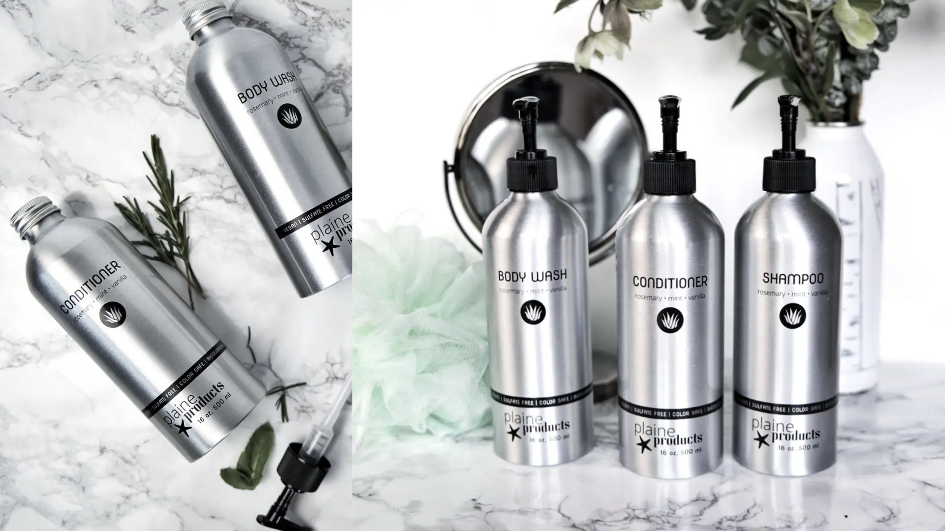 Алюминиевая бутылка Plaine Products объемом 473 мл для ухода за волосами и кожей.