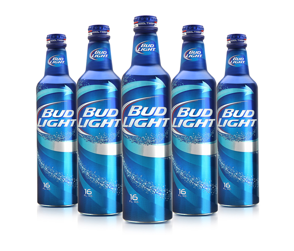 Aluminum bottle is a bud light package for beer. 