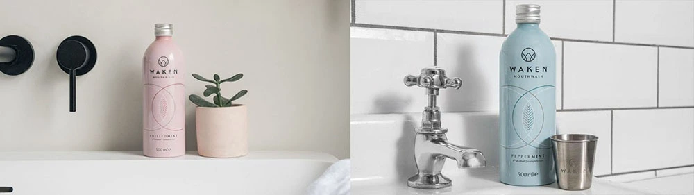 Enxaguante bucal Waken em frasco de alumínio de 500ml (4 unidades) Frasco de alumínio Waken de 500ml para enxaguante bucal