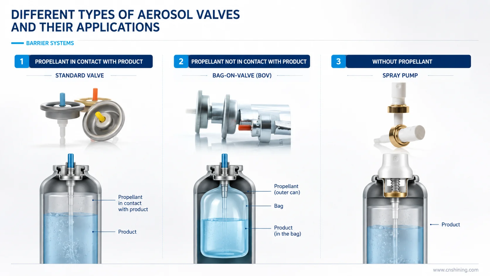 Three Aerosol Product Systems: Standard Valve, Bag-On-Valve, And Spray Pump