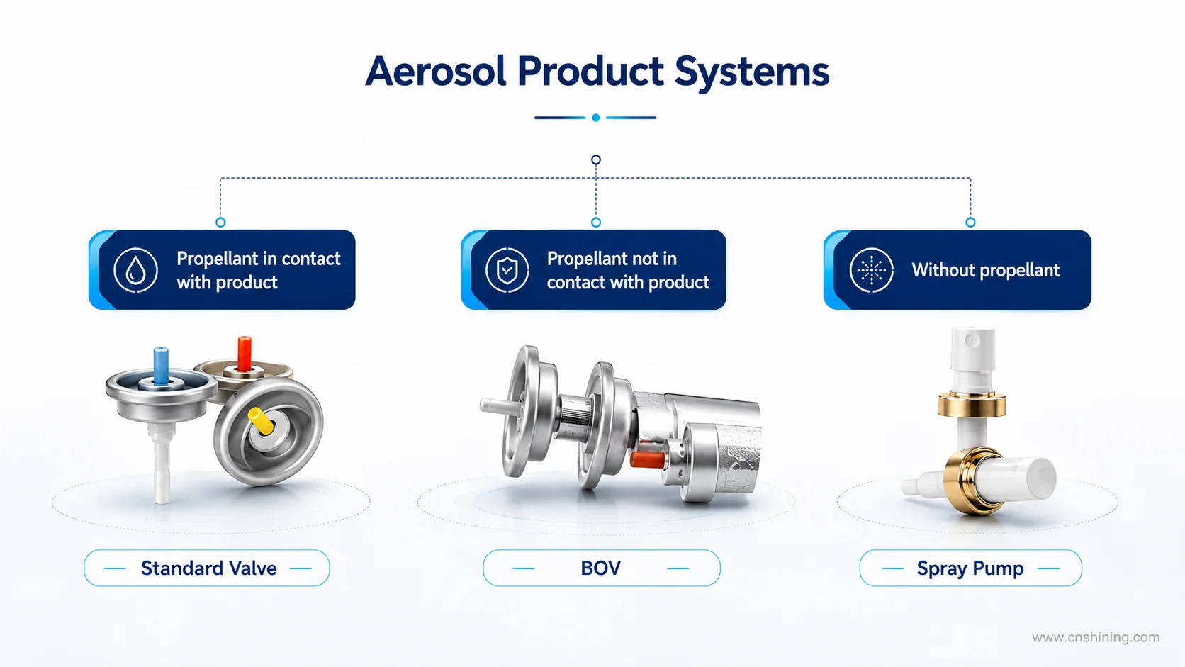 Three Aerosol Product Systems: Standard Valve, Bag-On-Valve, And Spray Pump