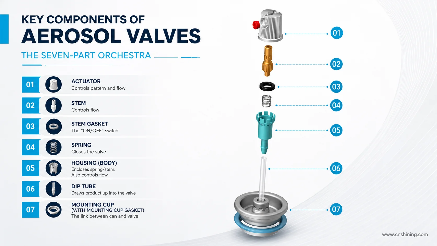 Exploded View Of Seven Aerosol Valve Components -